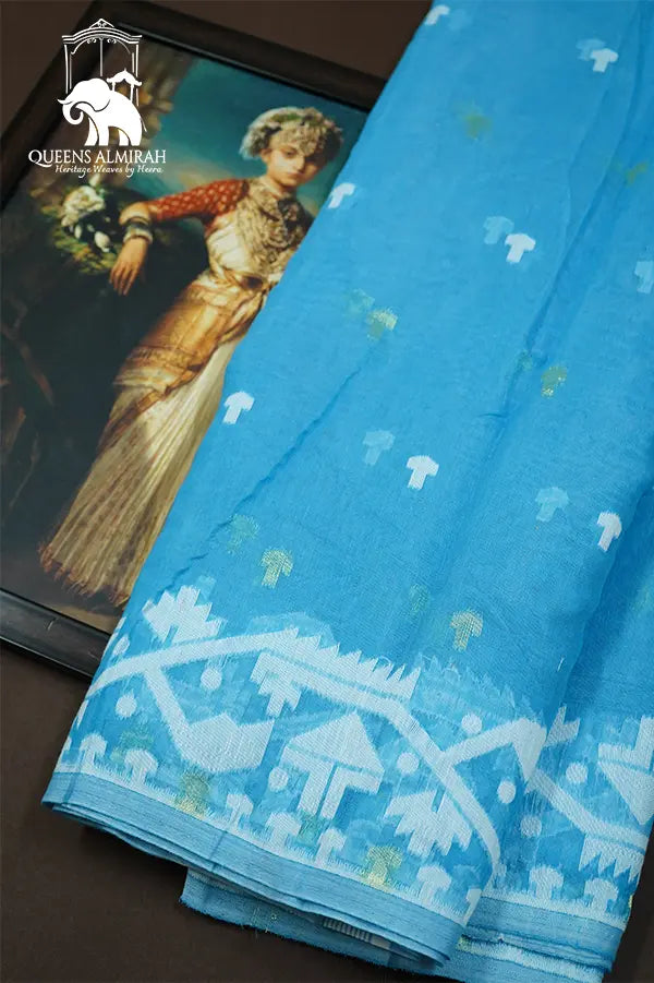 BLUE JAMDANI COTTON SAREE - Queens Jewel Emporium
