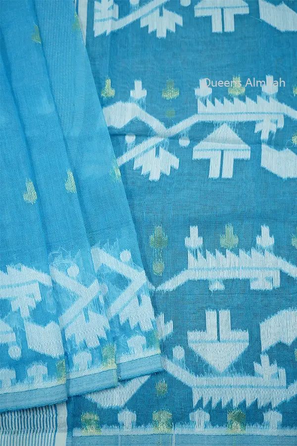 BLUE JAMDANI COTTON SAREE - Queens Jewel Emporium