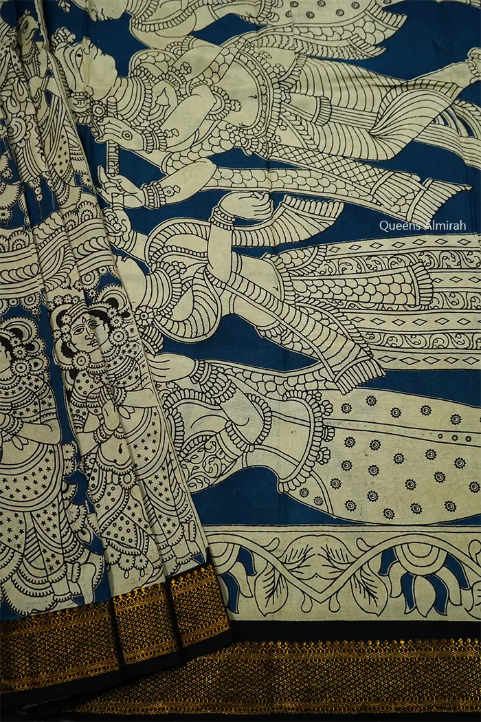 BLUE  WITH BLACK AND GOLDEN BORDER MANGALGIRI SAREE - Queens Jewel Emporium
