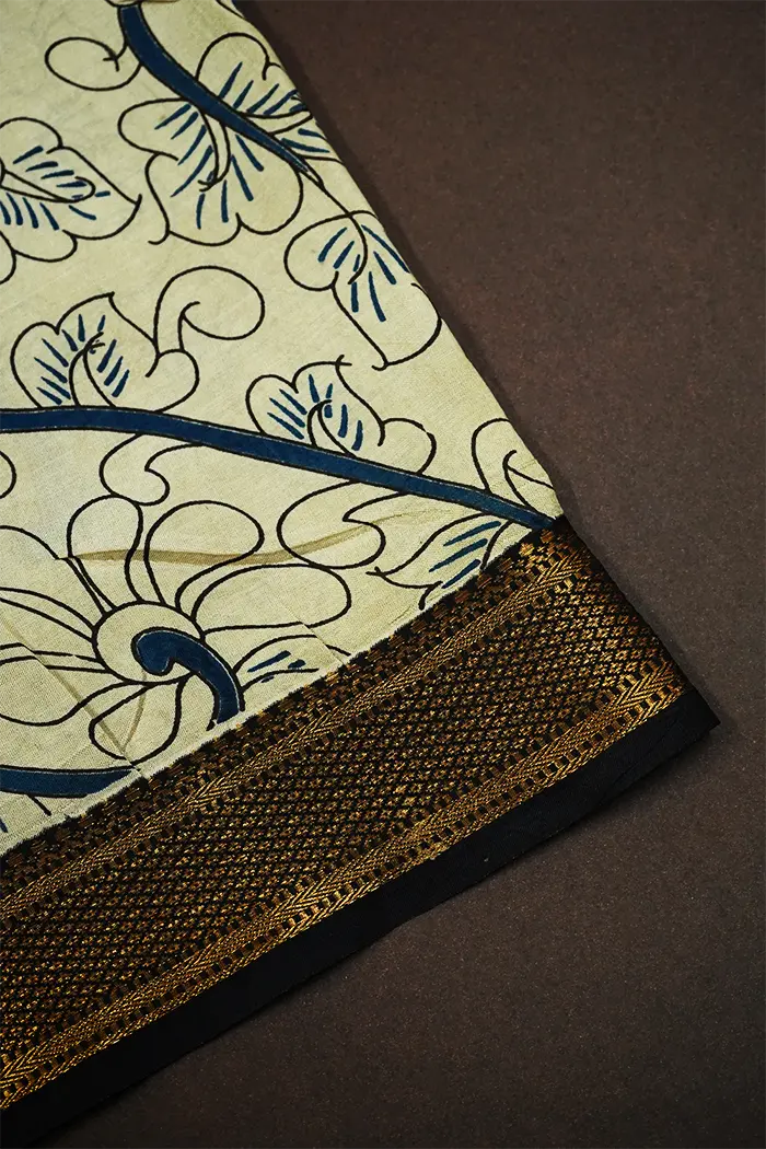 BLUE  WITH BLACK AND GOLDEN BORDER MANGALGIRI SAREE - Queens Jewel Emporium