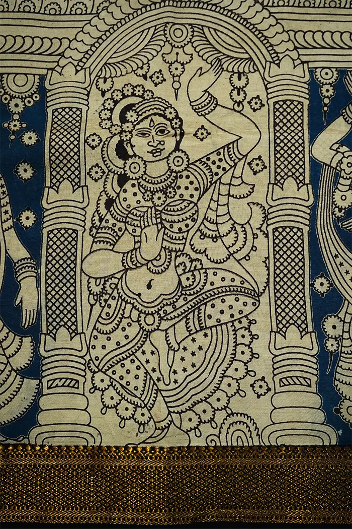 BLUE  WITH BLACK AND GOLDEN BORDER MANGALGIRI SAREE - Queens Jewel Emporium