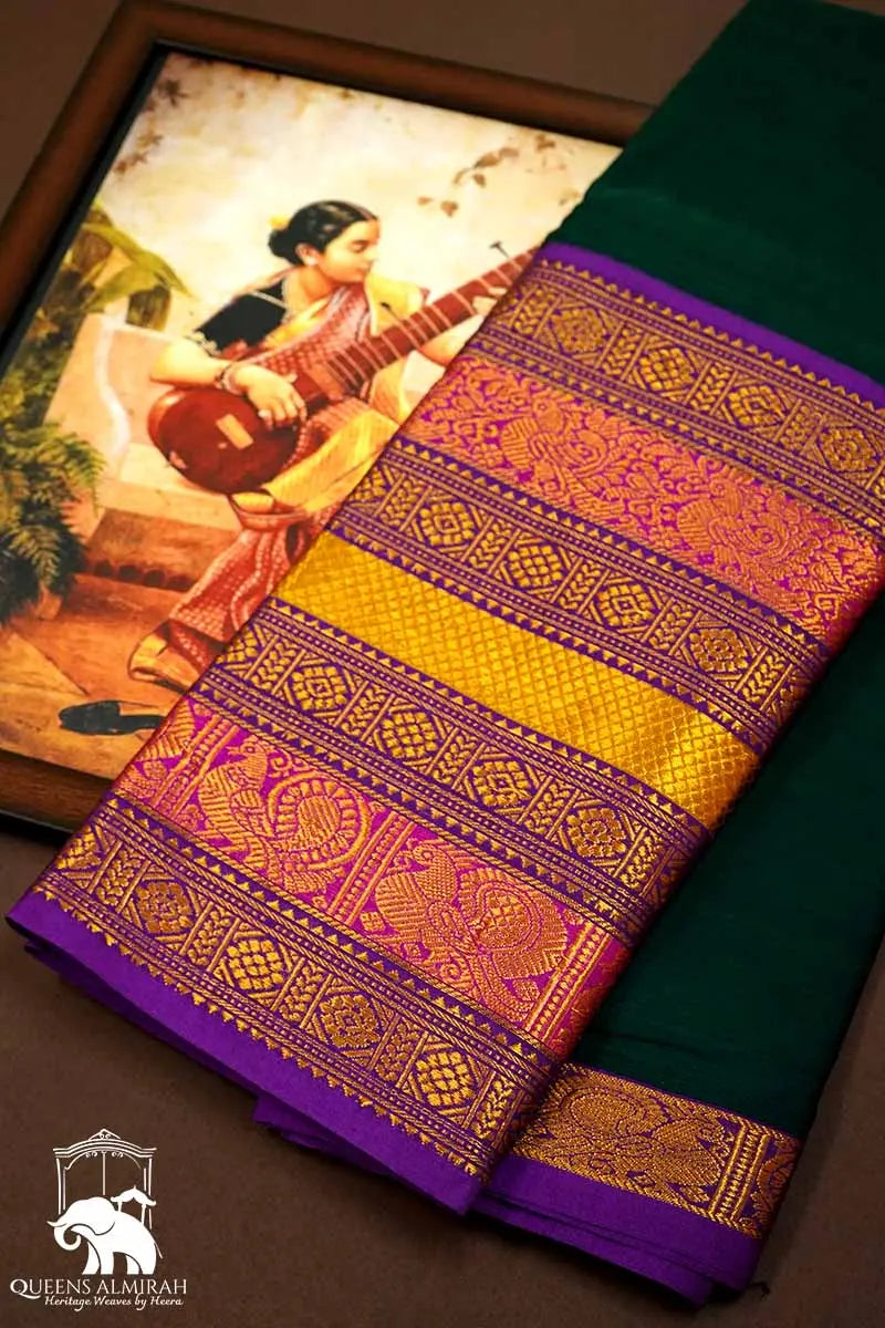 BOTTLE GREEN LONG MULTI COLOUR ZARI BORDER NARAYANPET COTTON SAREE - Queens Jewel Emporium
