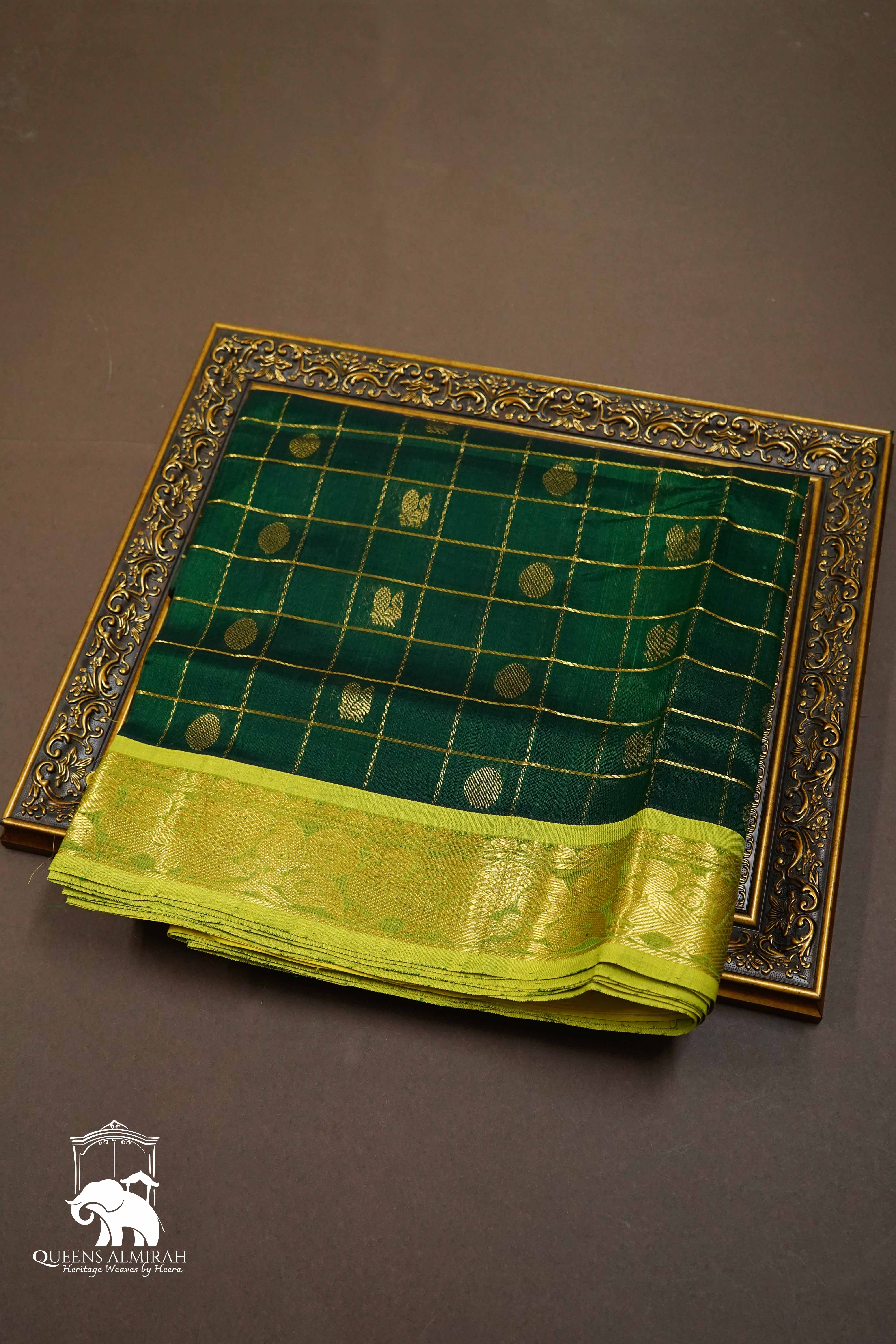 BOTTLE GREEN WITH OLIVE YELLOW PURE SILK COTTON - Queens Jewel Emporium