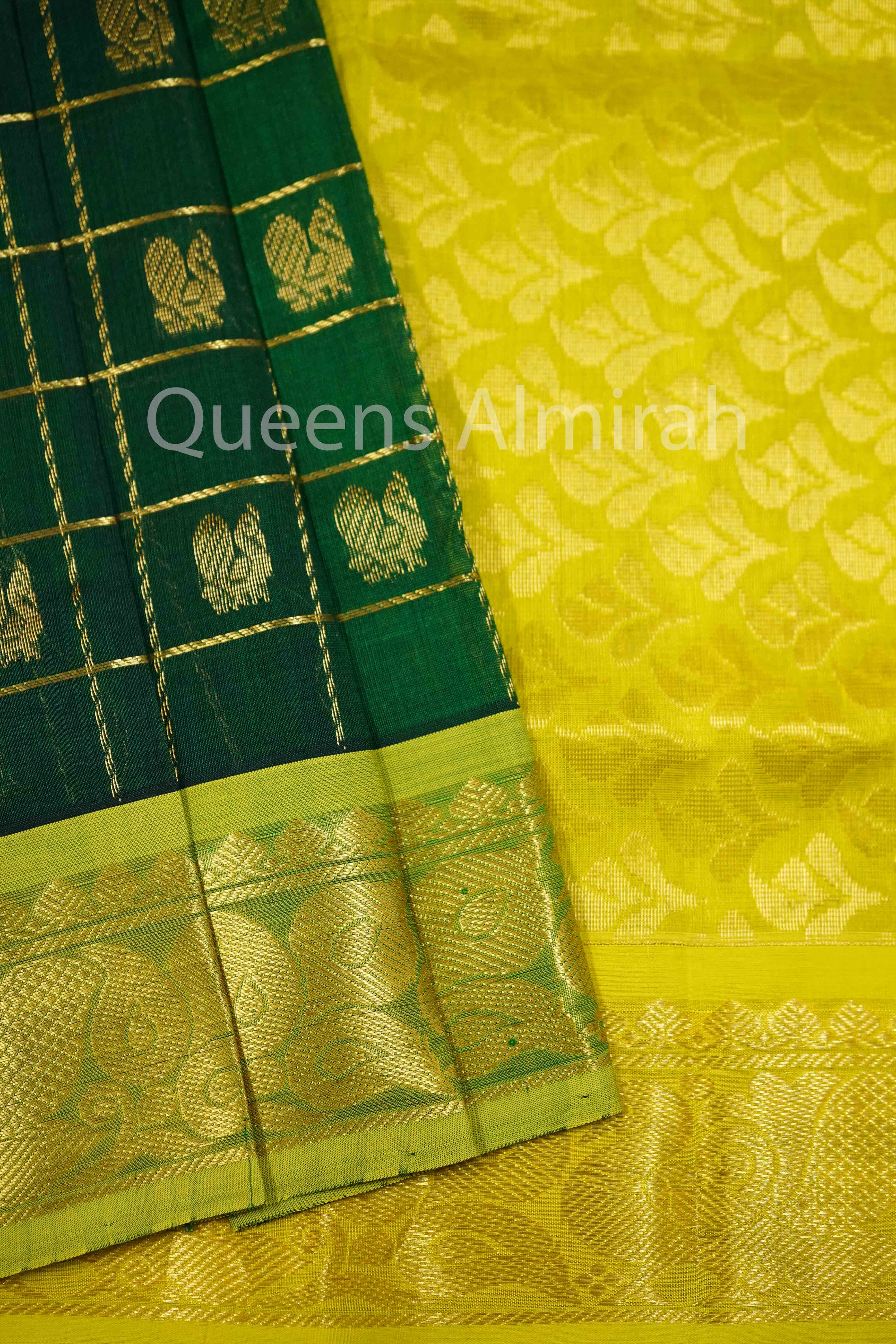 BOTTLE GREEN WITH OLIVE YELLOW PURE SILK COTTON - Queens Jewel Emporium