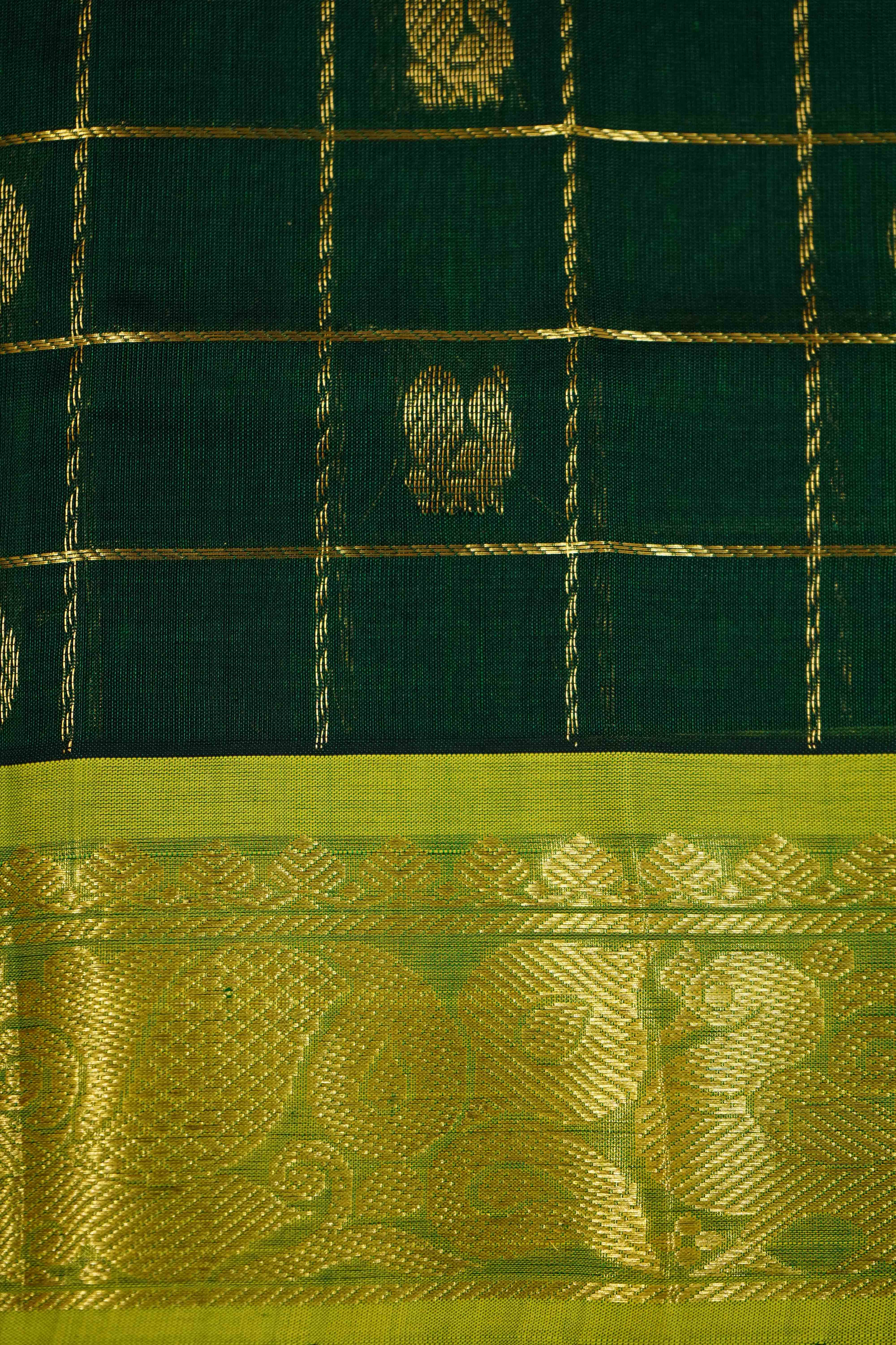 BOTTLE GREEN WITH OLIVE YELLOW PURE SILK COTTON - Queens Jewel Emporium