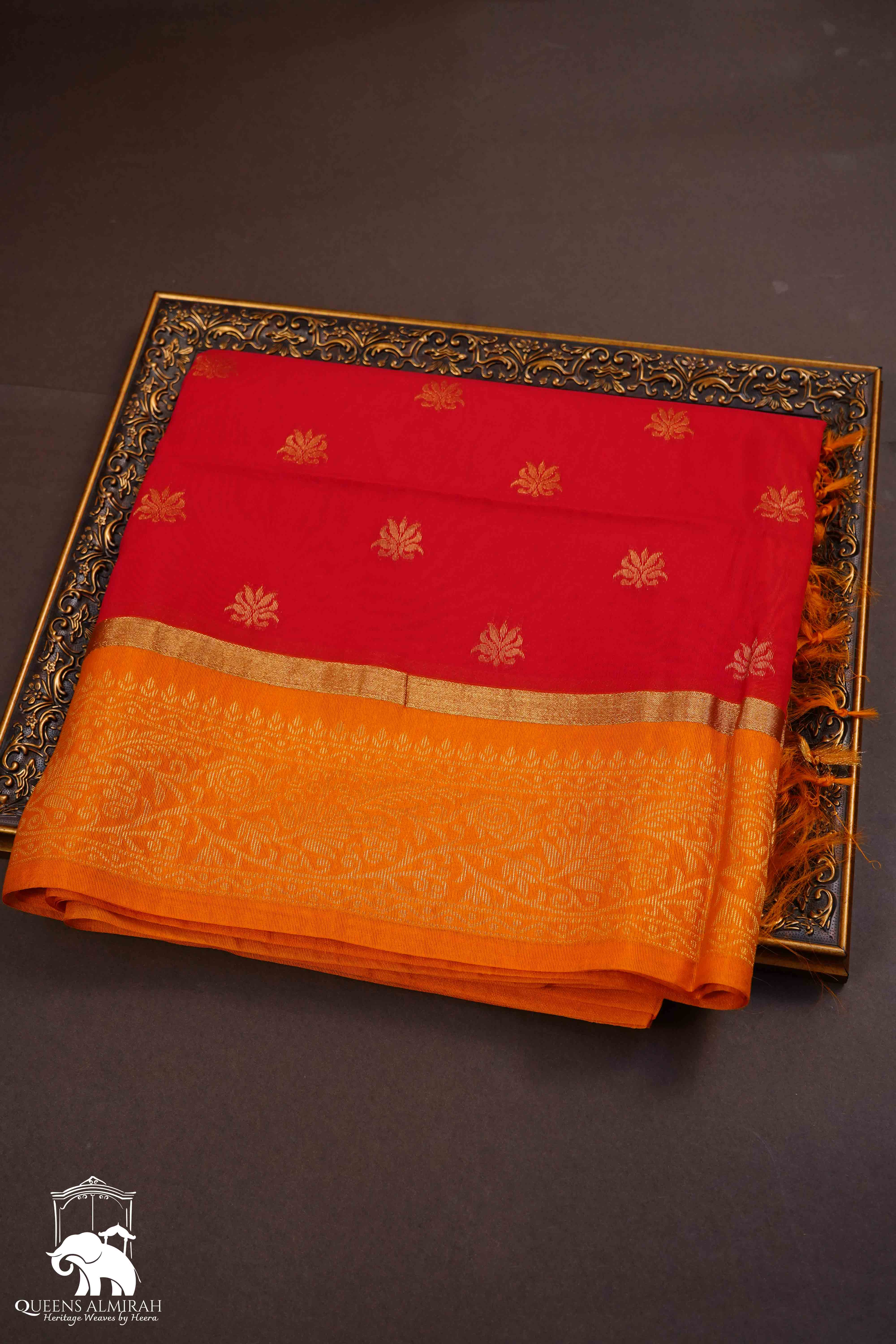BRICK RED WITH DUSKY ORANGE PURE KANCHI SILK COTTON - Queens Jewel Emporium