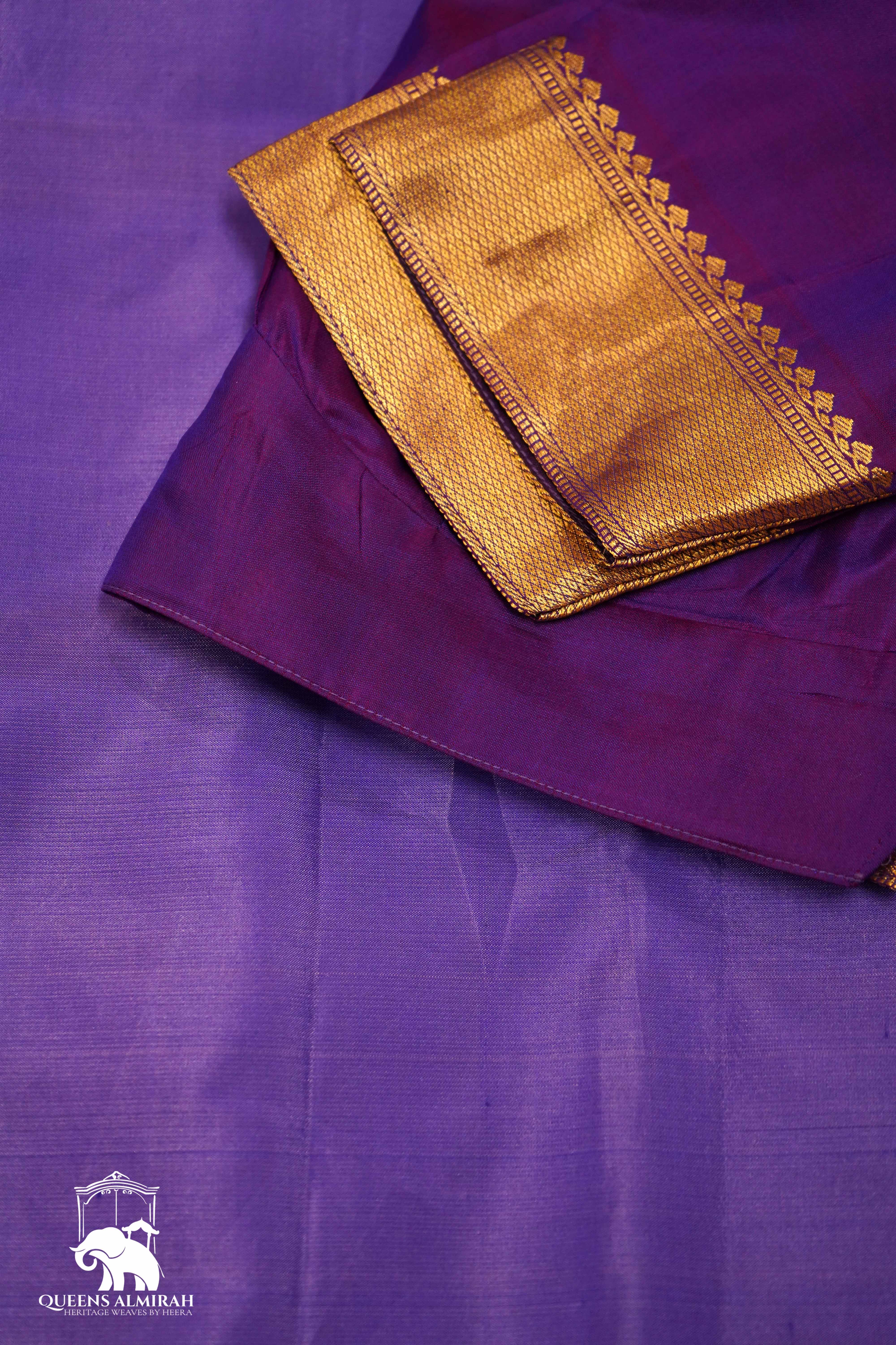 BRIGHT LAVENDAR WITH GOLD BORDER KANCHIVARAM SILK SAREE - Queens Jewel Emporium