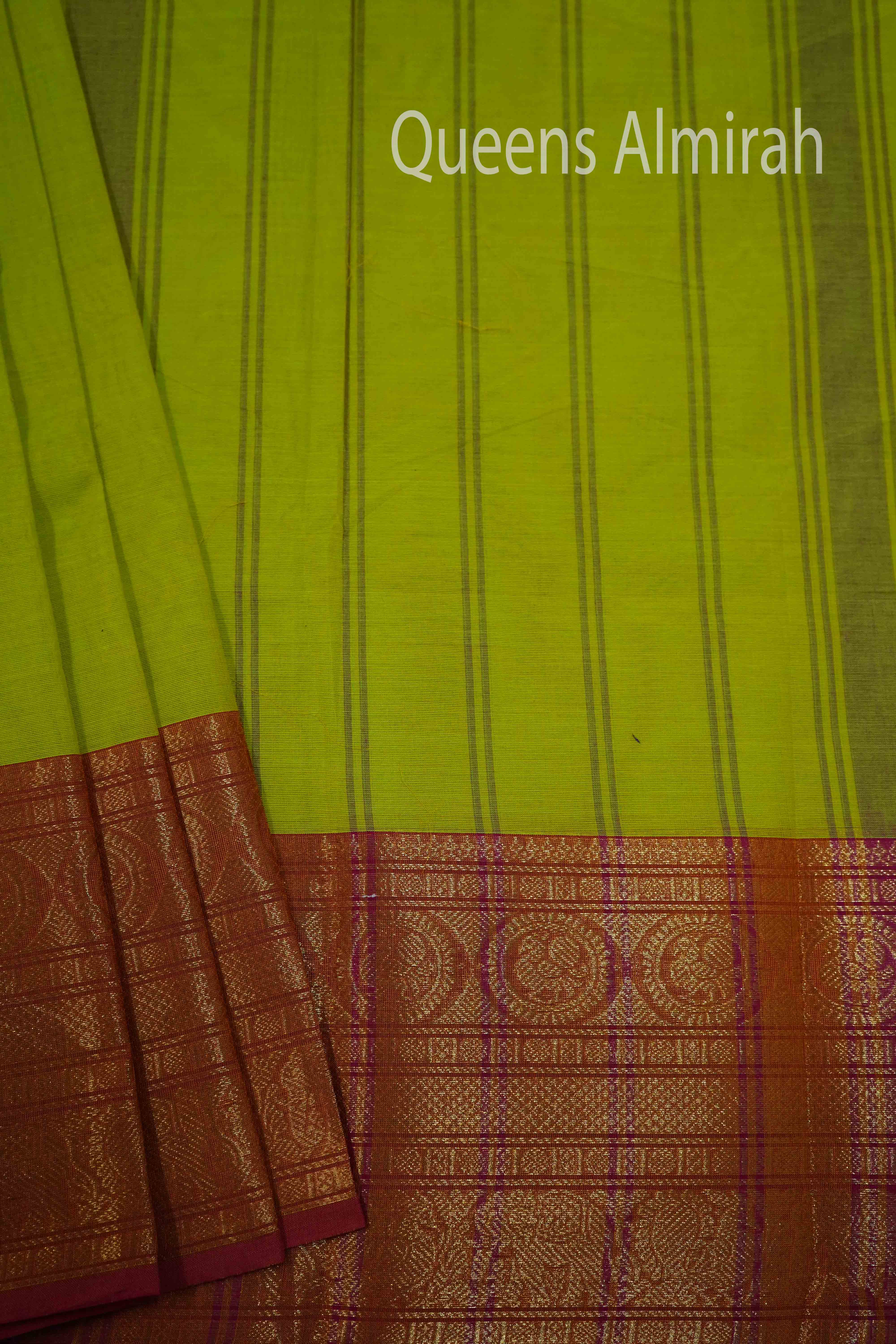 BRIGHT OLIIVE WITH BURNT RED KANCHI COTTON SAREE - Queens Jewel Emporium