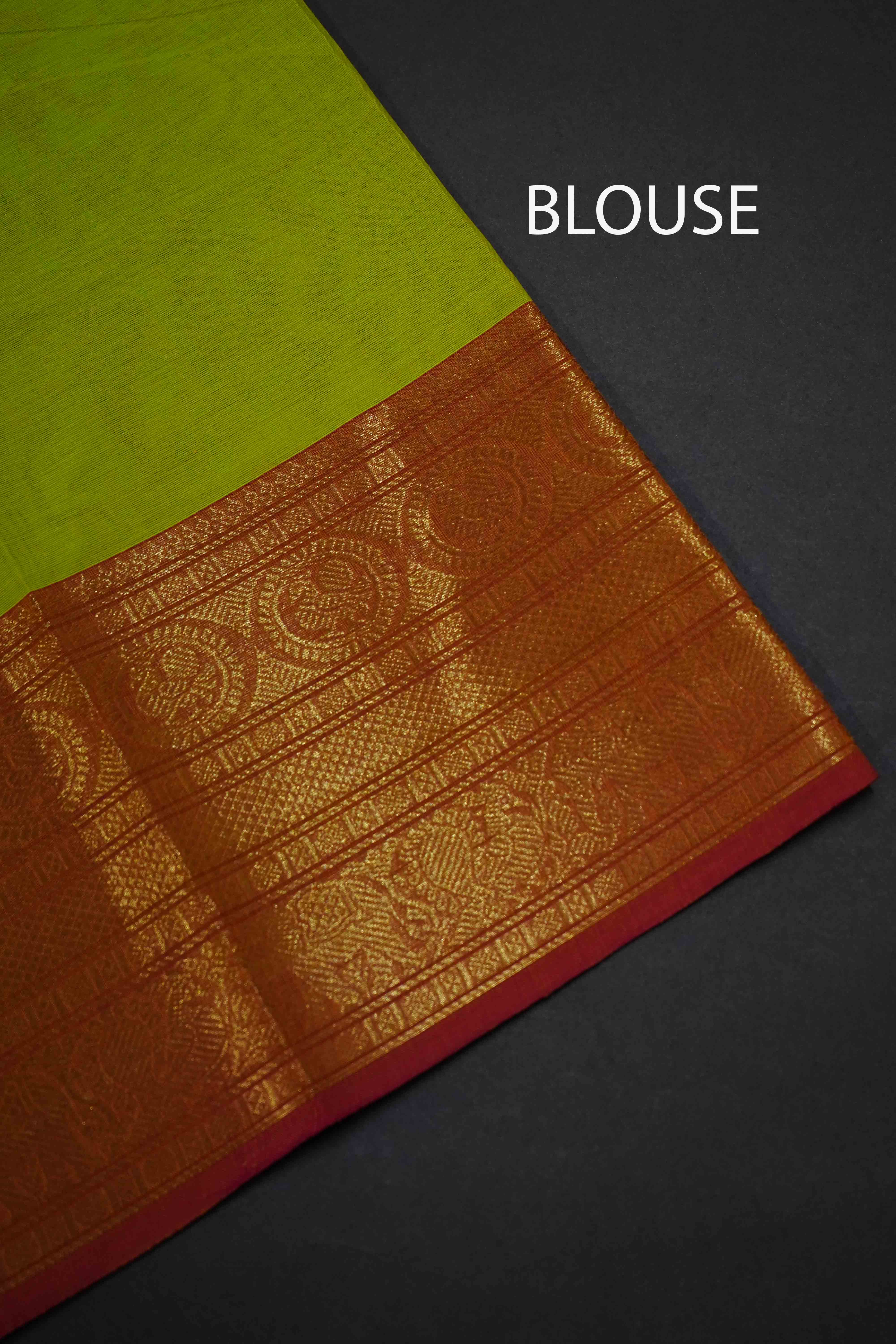 BRIGHT OLIIVE WITH BURNT RED KANCHI COTTON SAREE - Queens Jewel Emporium