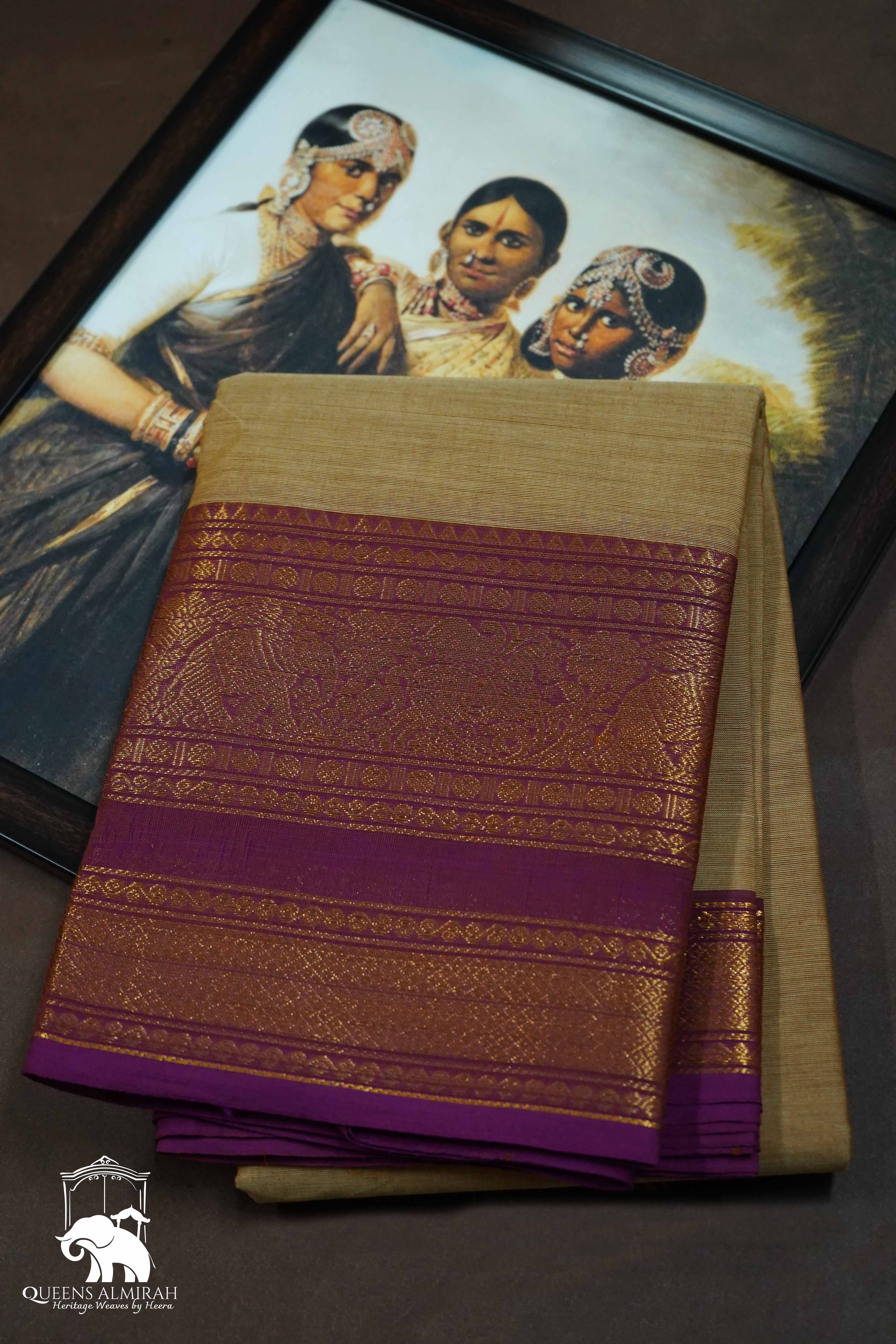 BROWN GREY WITH BERRY KANCHI COTTON SAREE - Queens Jewel Emporium