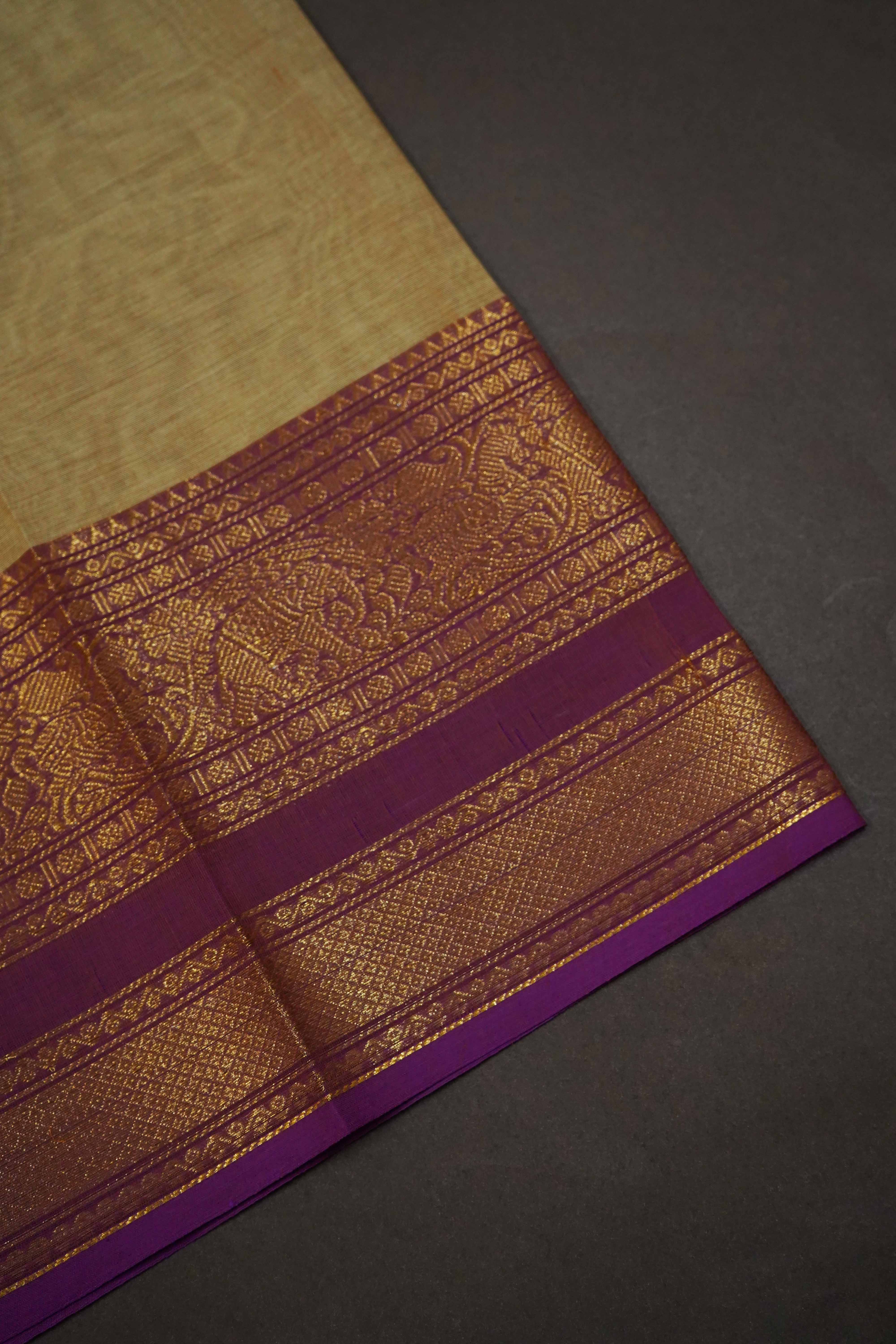 BROWN GREY WITH BERRY KANCHI COTTON SAREE - Queens Jewel Emporium