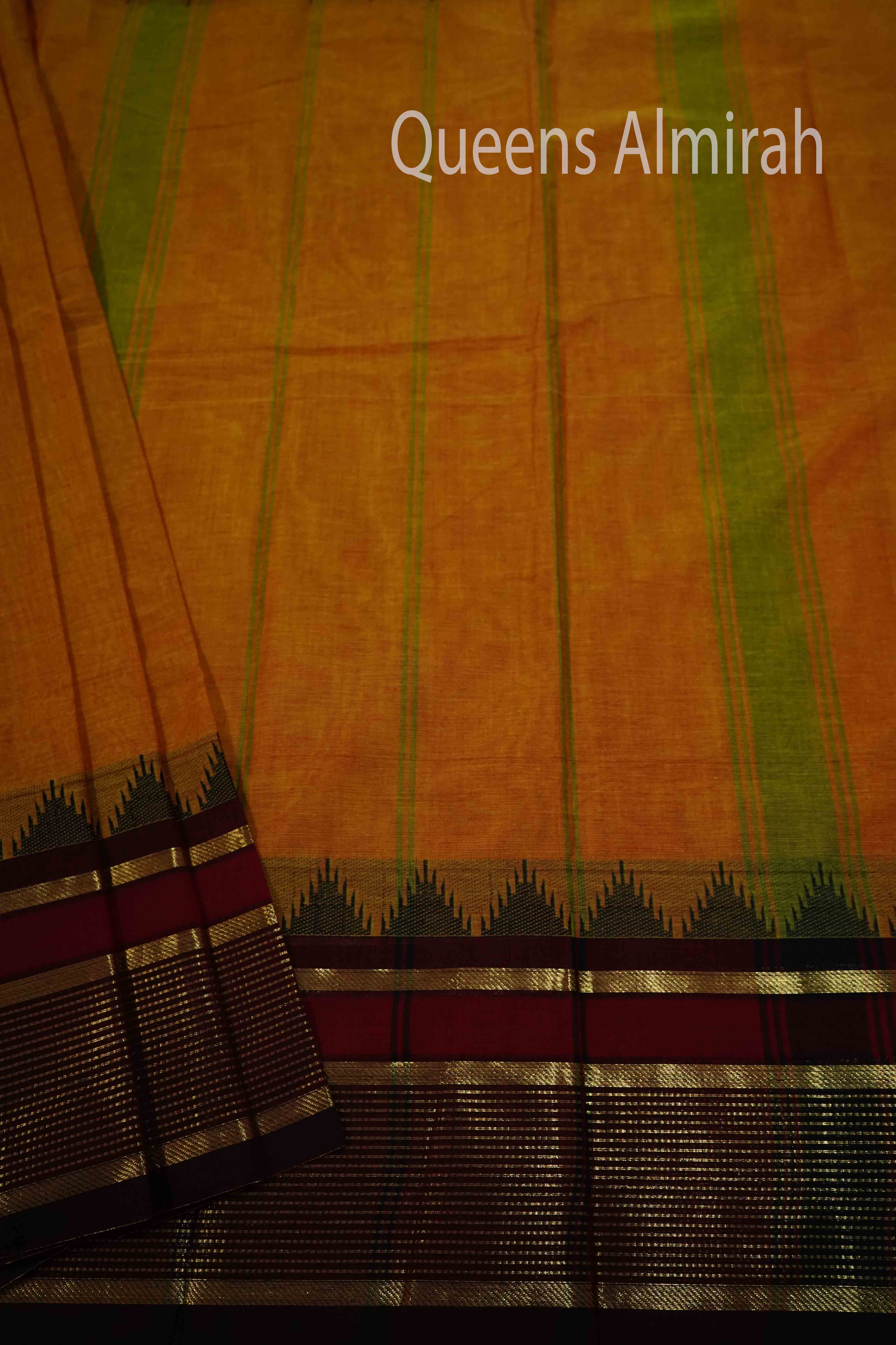 BROWNISH ORANGE WITH MAROON OAK KANCHI COTTON SAREE - Queens Jewel Emporium