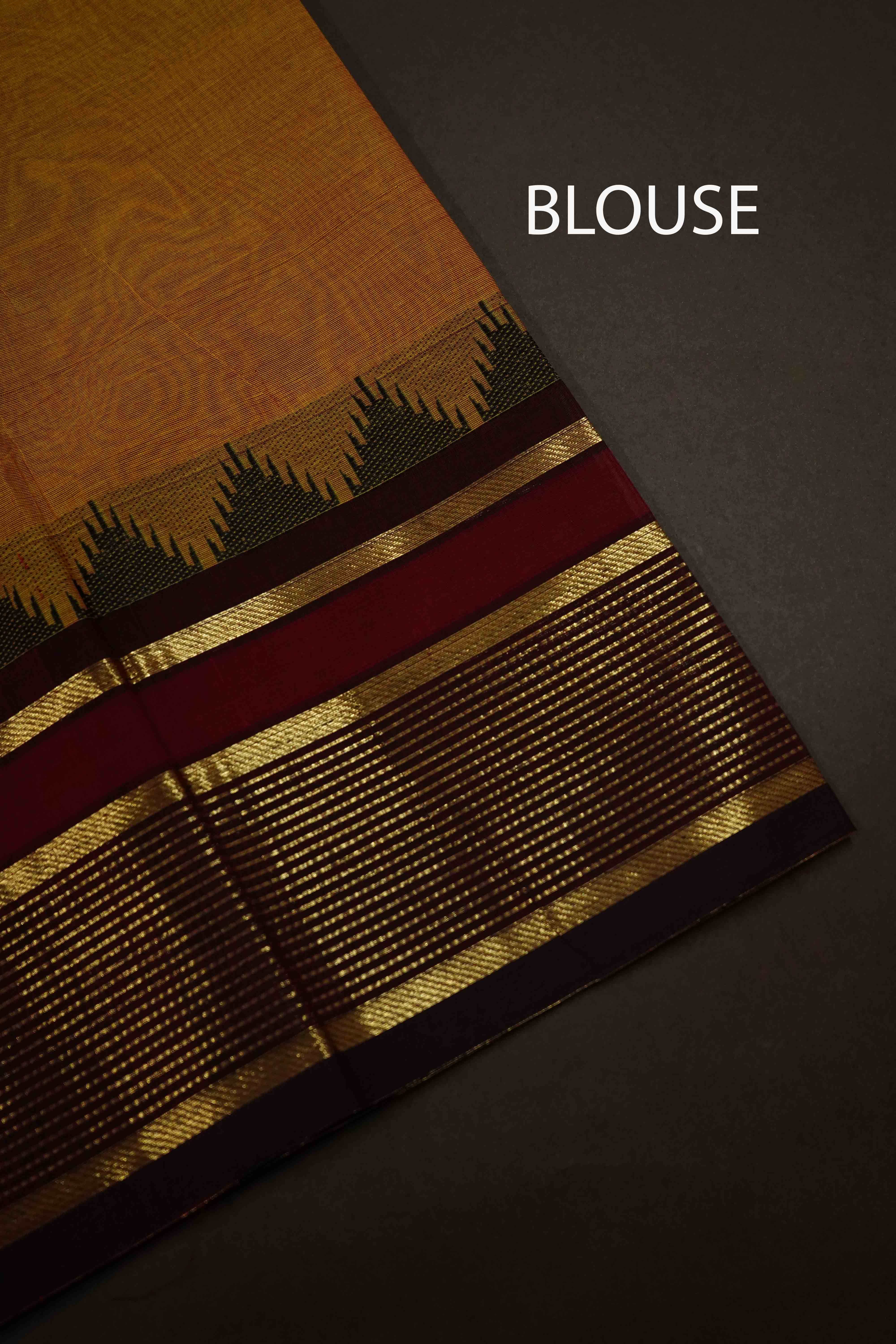 BROWNISH ORANGE WITH MAROON OAK KANCHI COTTON SAREE - Queens Jewel Emporium