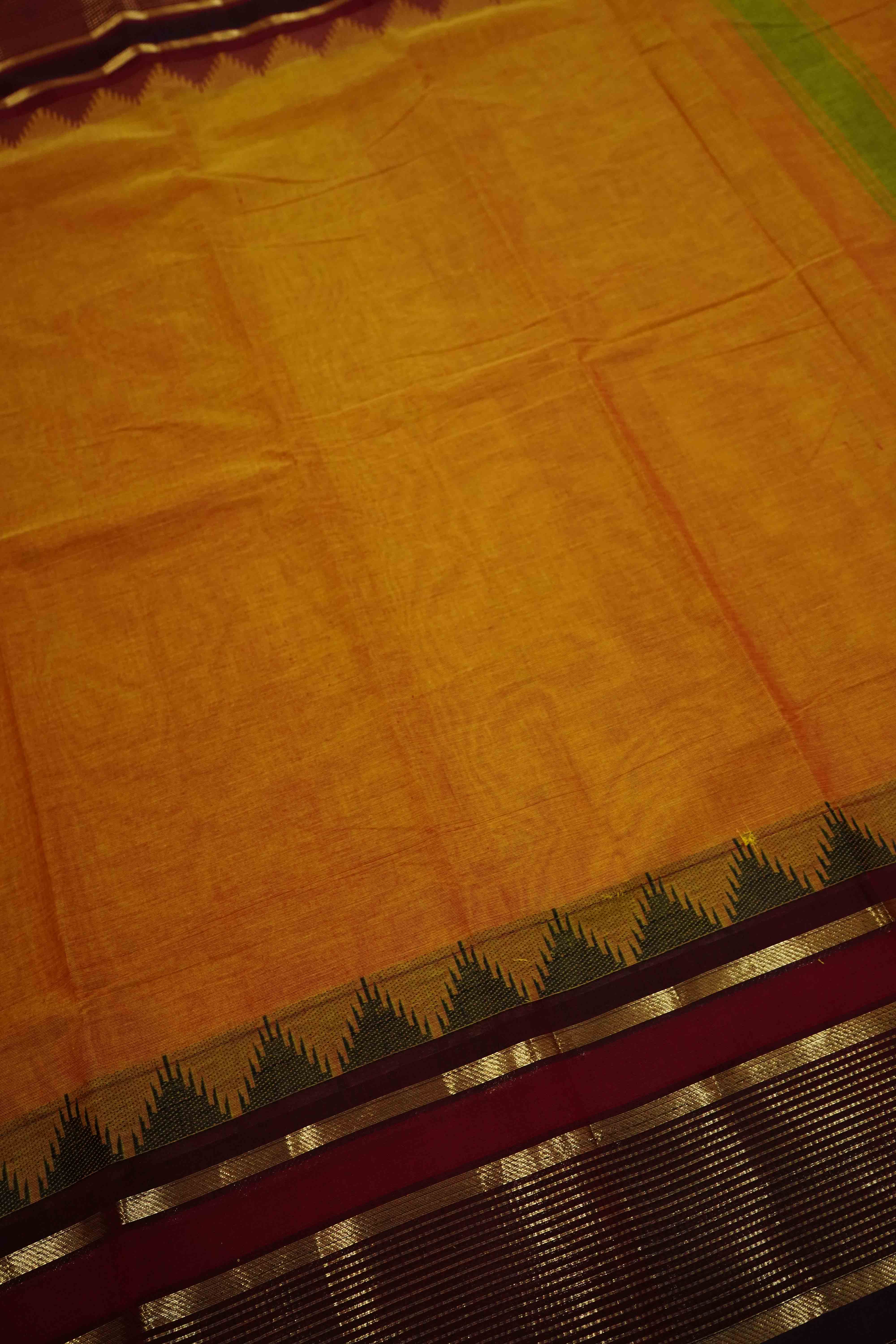 BROWNISH ORANGE WITH MAROON OAK KANCHI COTTON SAREE - Queens Jewel Emporium