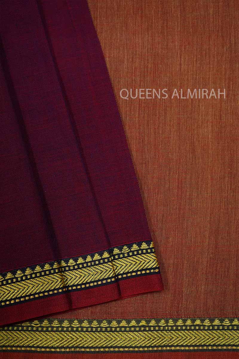 BURGUNDY WITH THIN BLACK BORDER  NARAYANPET COTTON SAREE - Queens Jewel Emporium