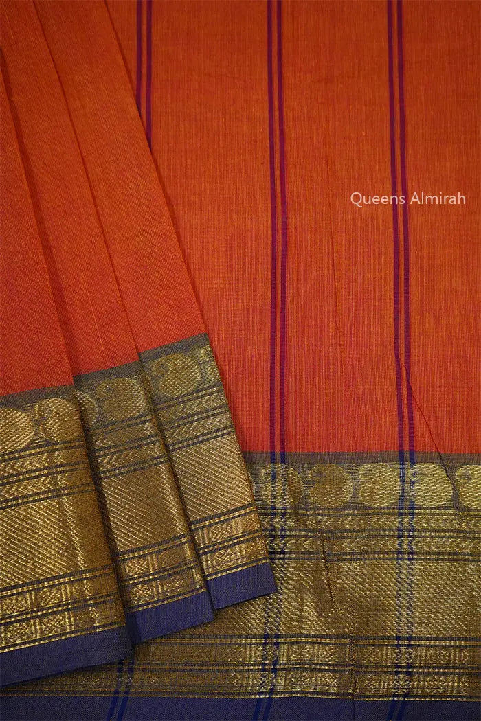 BURNT ORANGE WITH PURPLE KANCHI COTTON SAREE - Queens Jewel Emporium