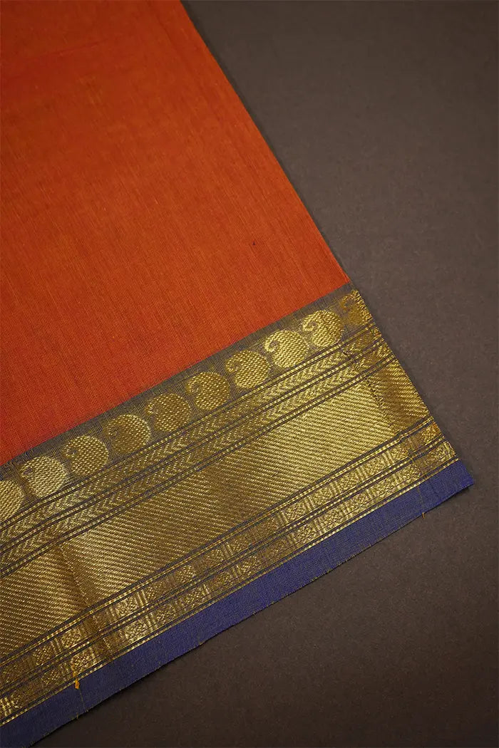 BURNT ORANGE WITH PURPLE KANCHI COTTON SAREE - Queens Jewel Emporium