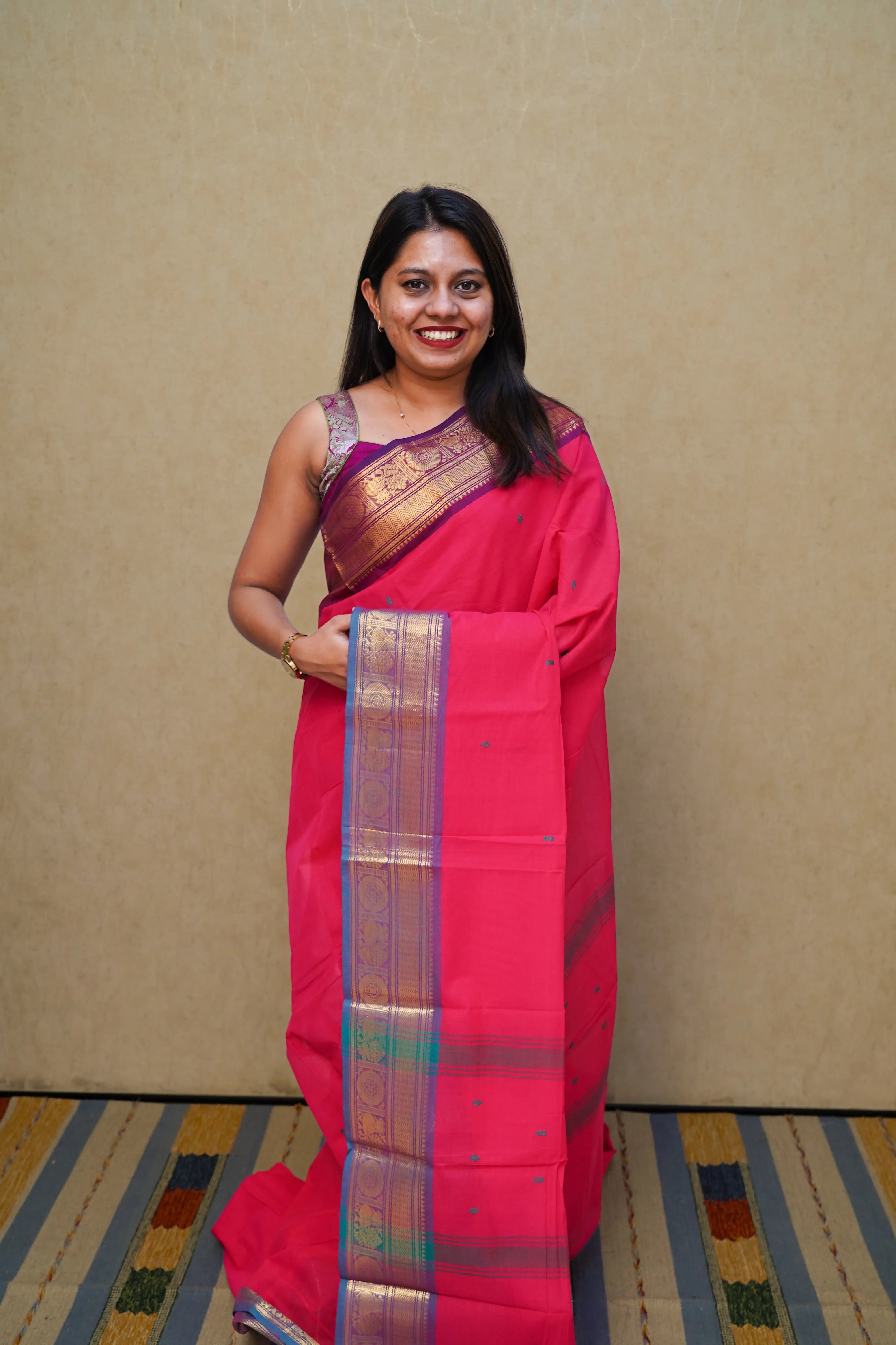 BURNT PINK WITH PURPLE KANCHI COTTON SAREE - Queens Jewel Emporium