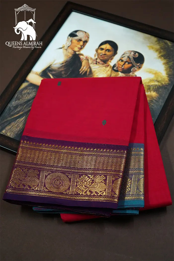 BURNT PINK WITH PURPLE KANCHI COTTON SAREE - Queens Jewel Emporium