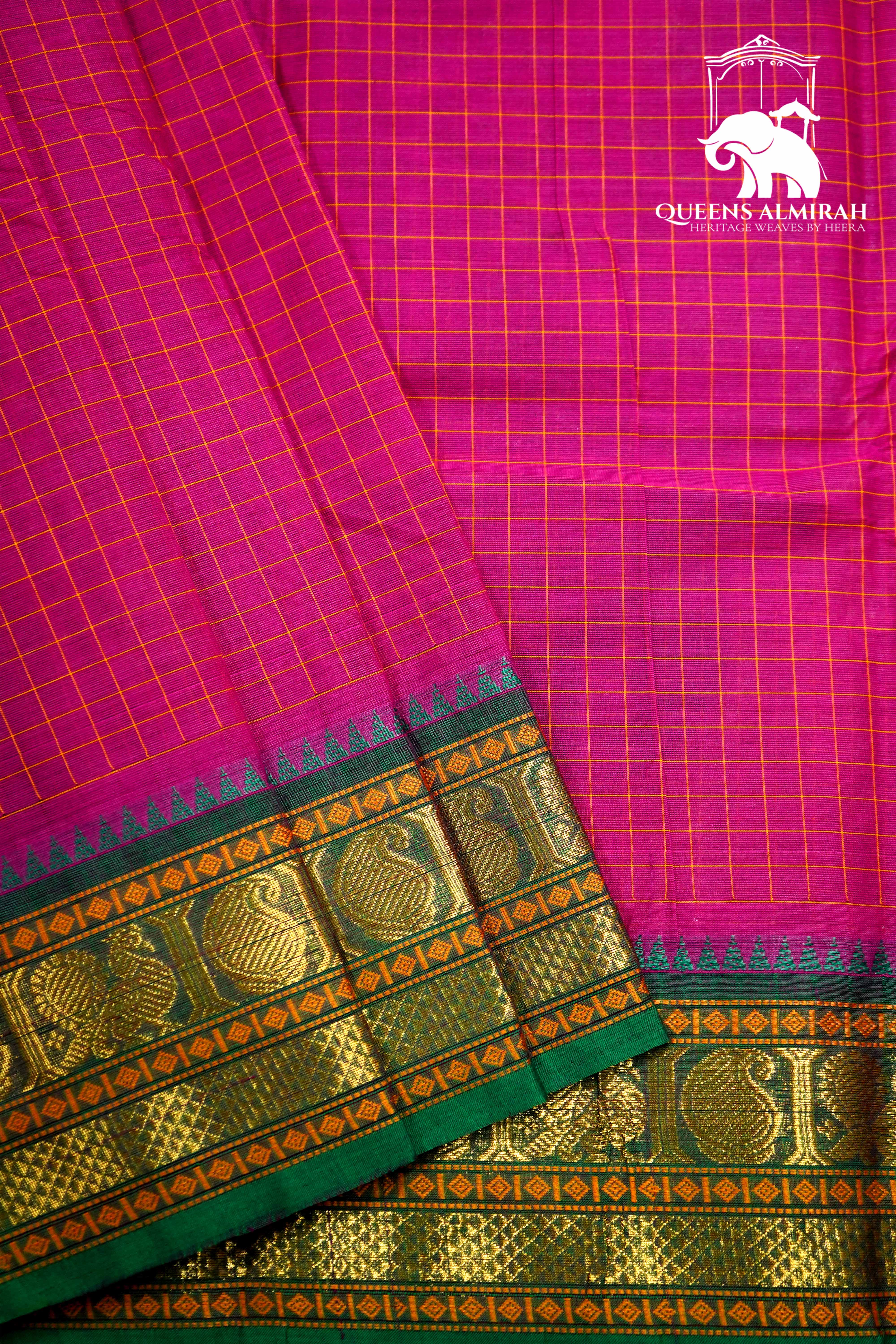 BURNT PINK WITH SEA GREEN KANCHI COTTON SAREE - Queens Jewel Emporium