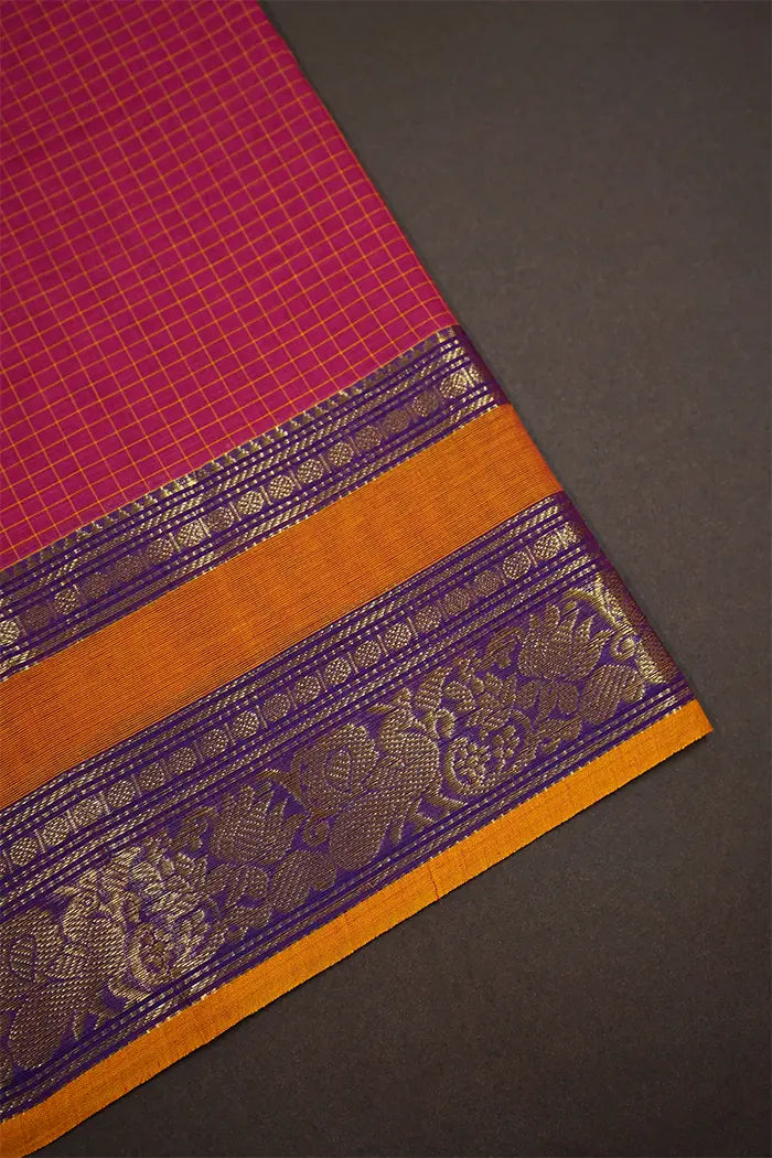 BURNT PINK WITH YELLOW GOLDEN BORDER KANCHI COTTON SAREE - Queens Jewel Emporium