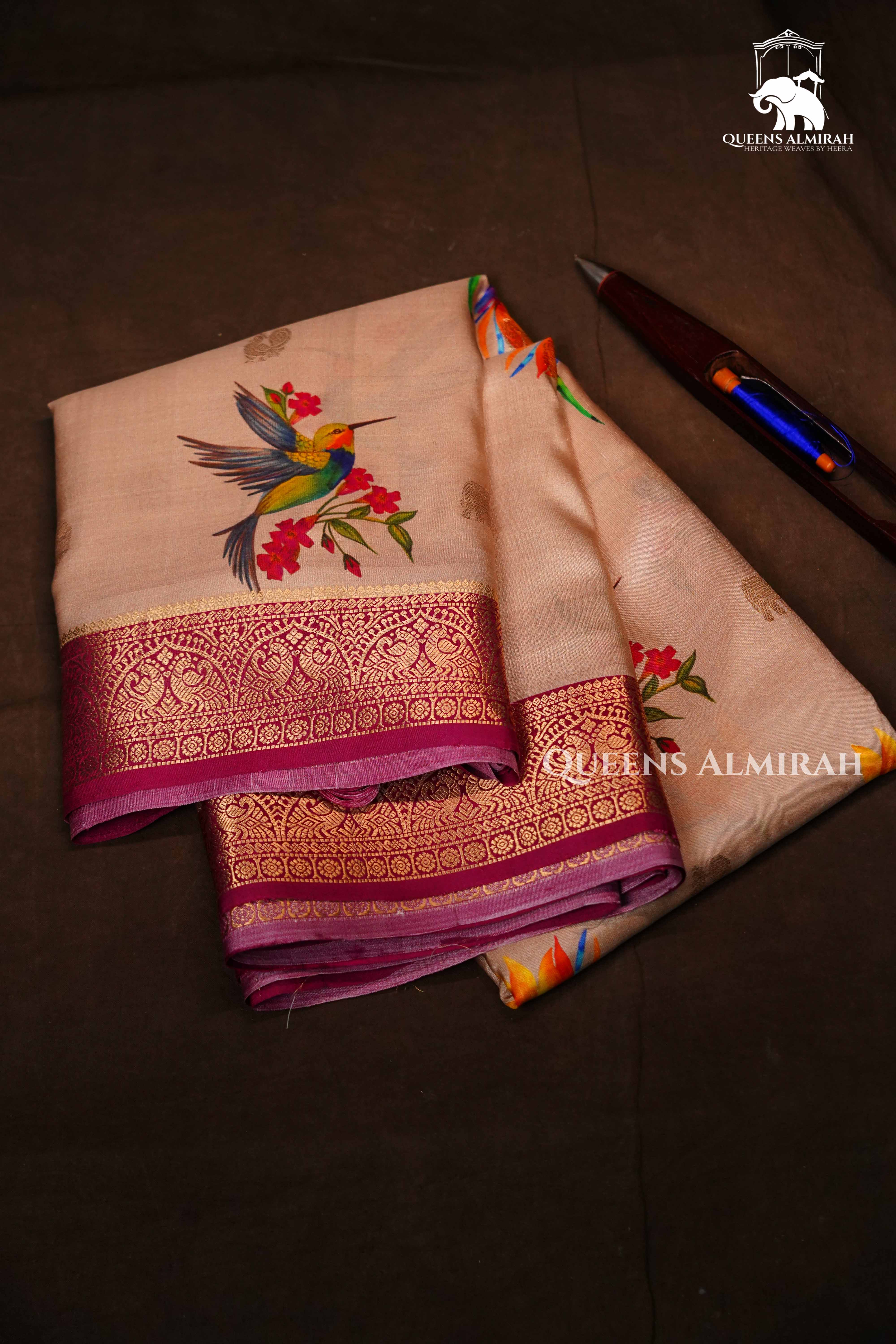 Beige With Pink Pure Kanchivaram Silk Saree QUEENS ALMIRAH