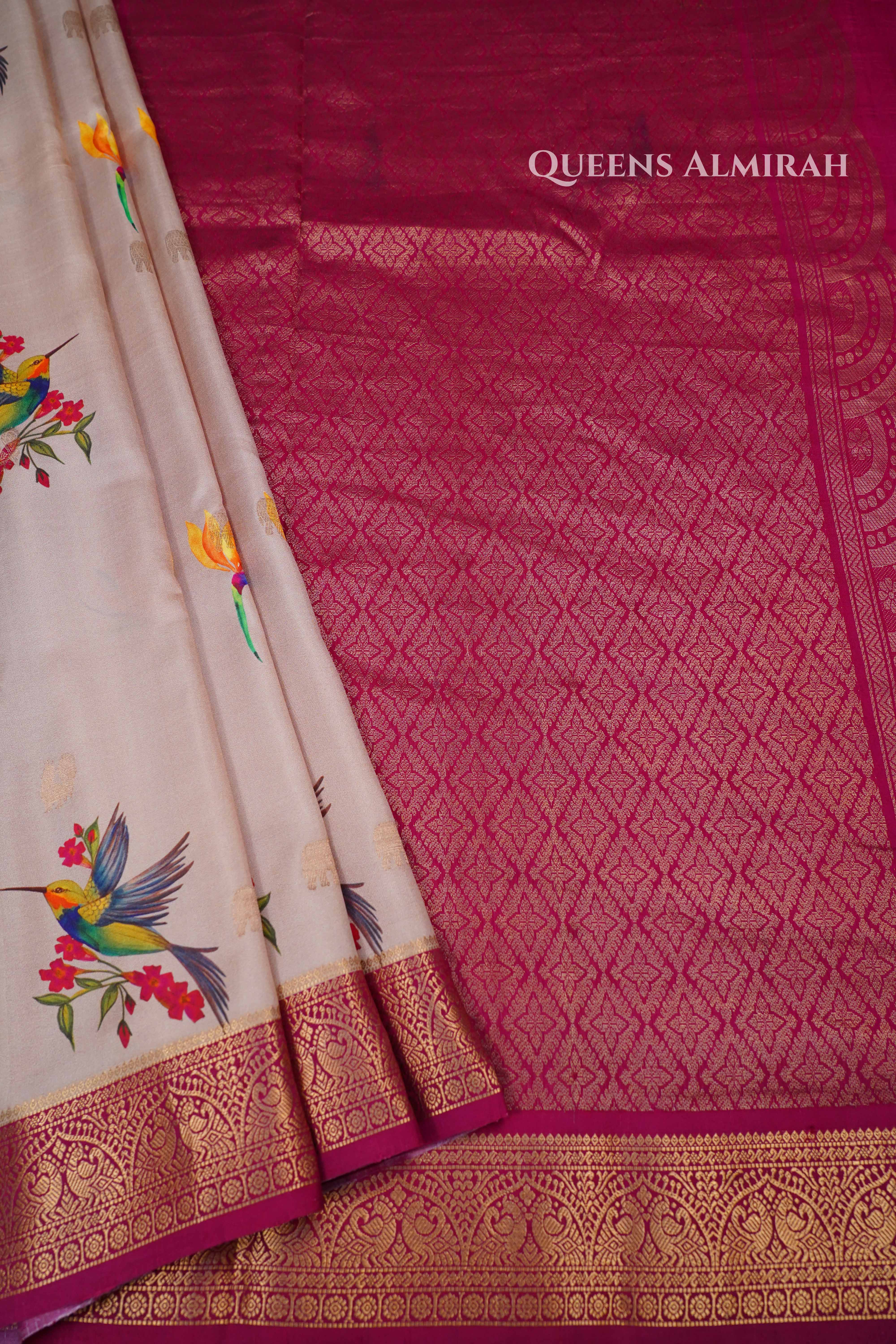 Beige With Pink Pure Kanchivaram Silk Saree QUEENS ALMIRAH