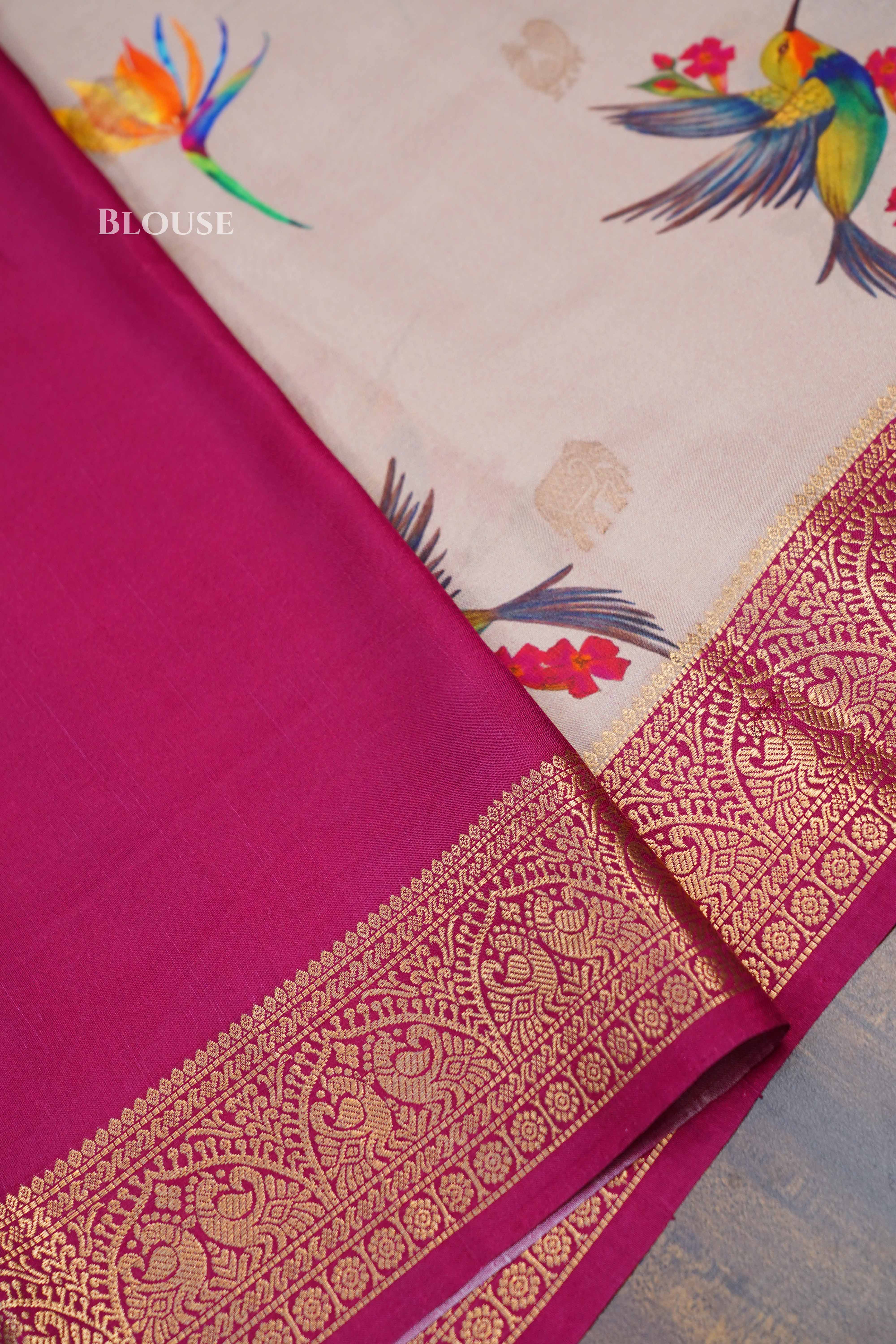 Beige With Pink Pure Kanchivaram Silk Saree QUEENS ALMIRAH