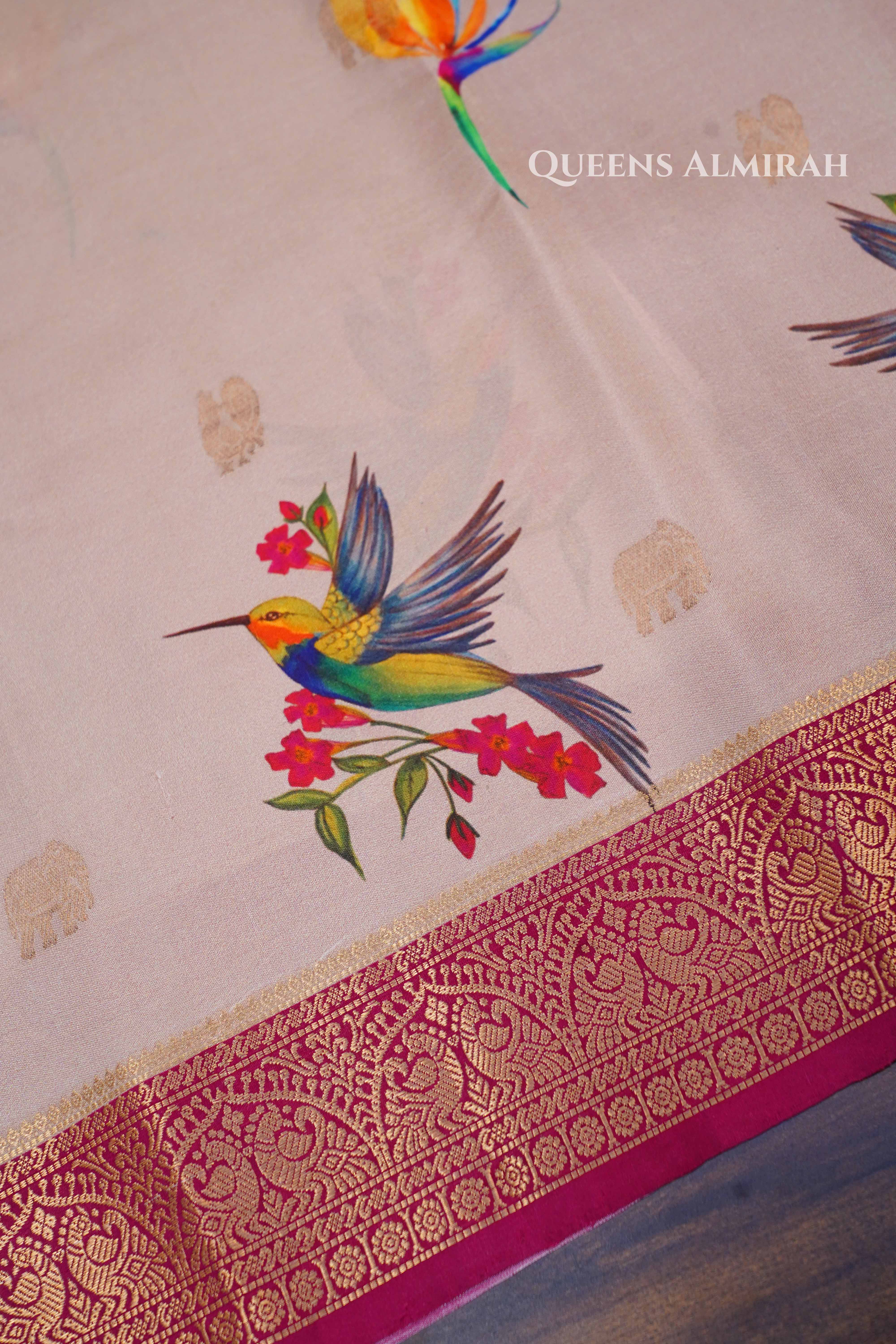 Beige With Pink Pure Kanchivaram Silk Saree QUEENS ALMIRAH
