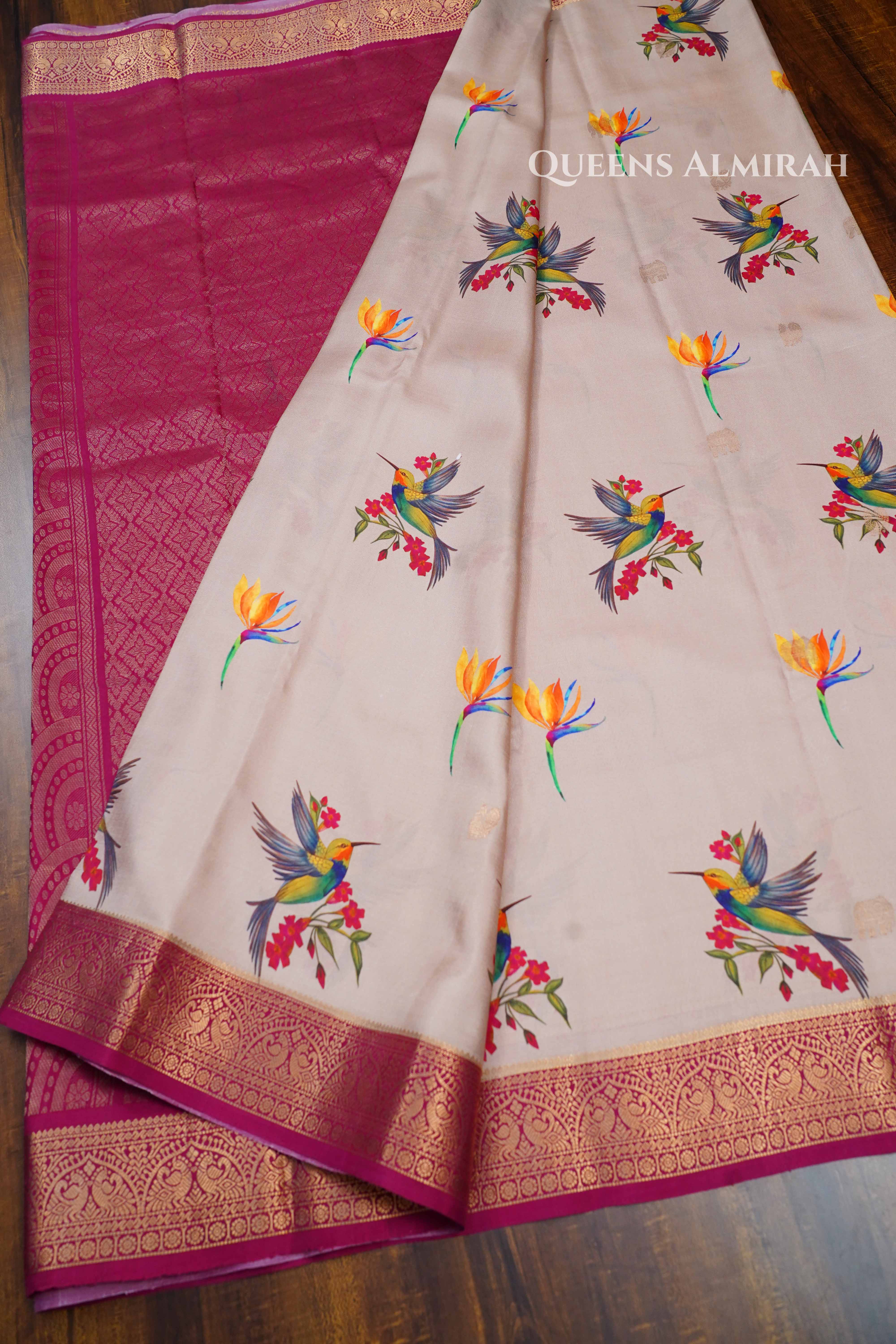 Beige With Pink Pure Kanchivaram Silk Saree QUEENS ALMIRAH