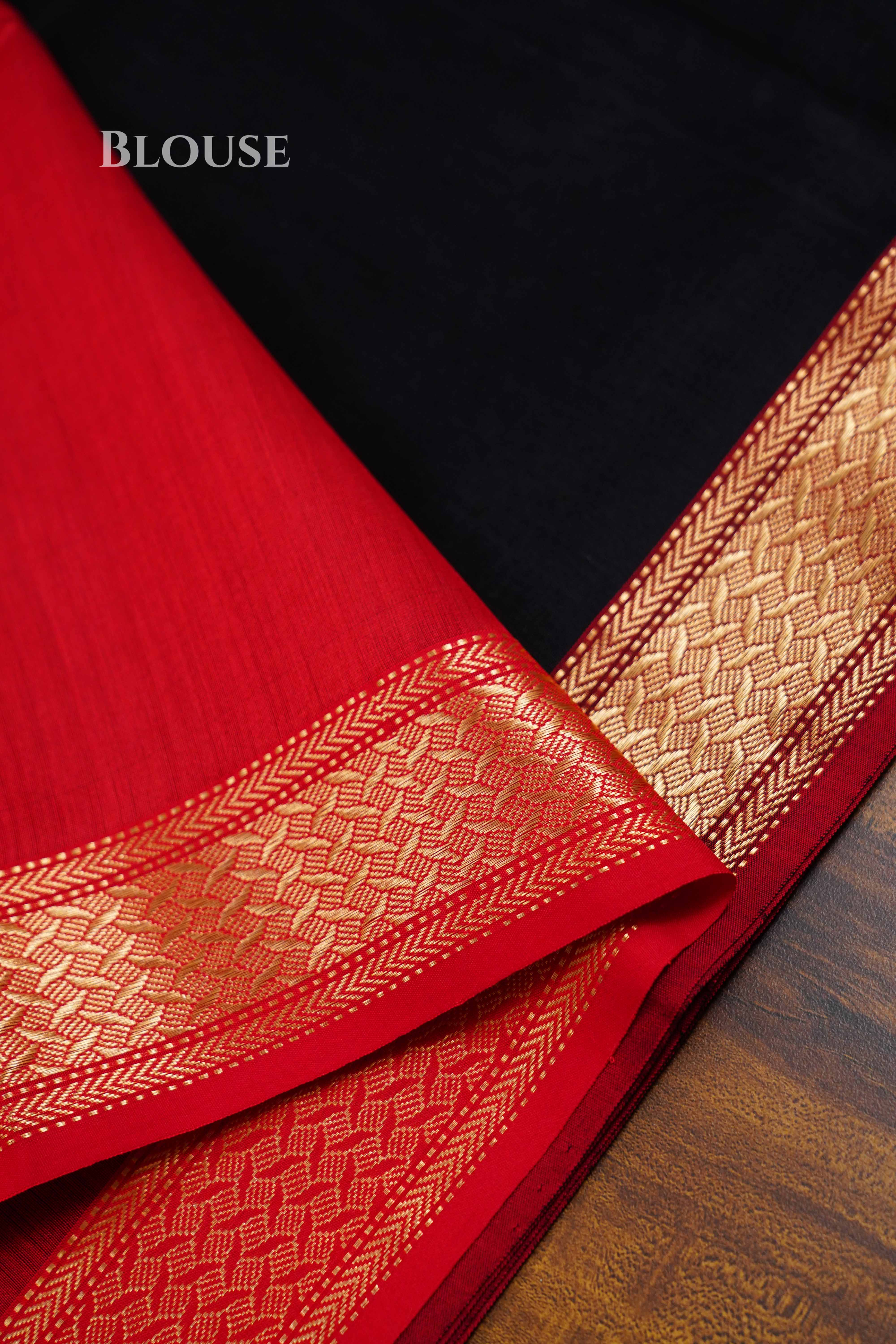 Black With Red Border Maheshwari Silk Cotton Saree QUEENS ALMIRAH