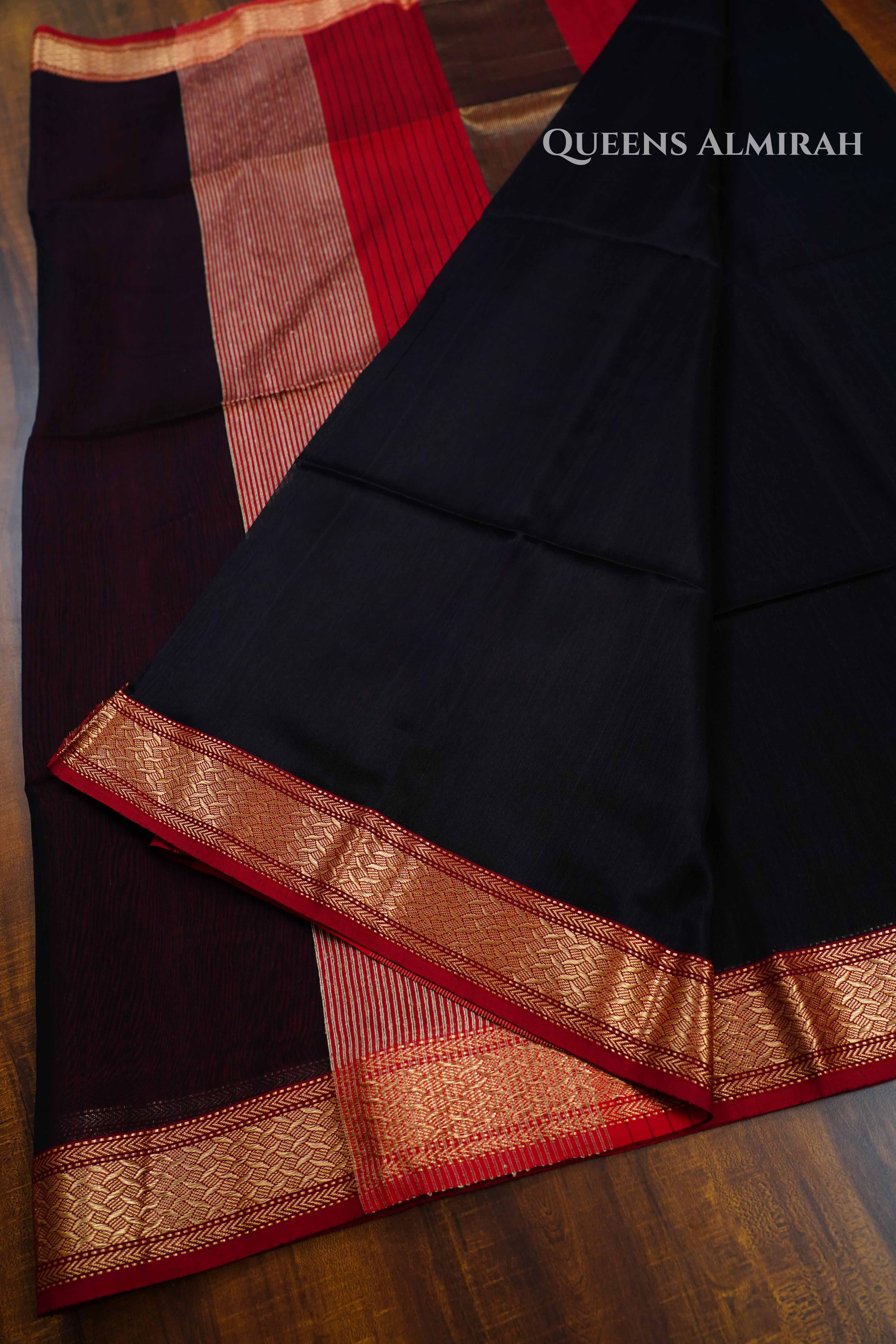 Black With Red Border Maheshwari Silk Cotton Saree QUEENS ALMIRAH