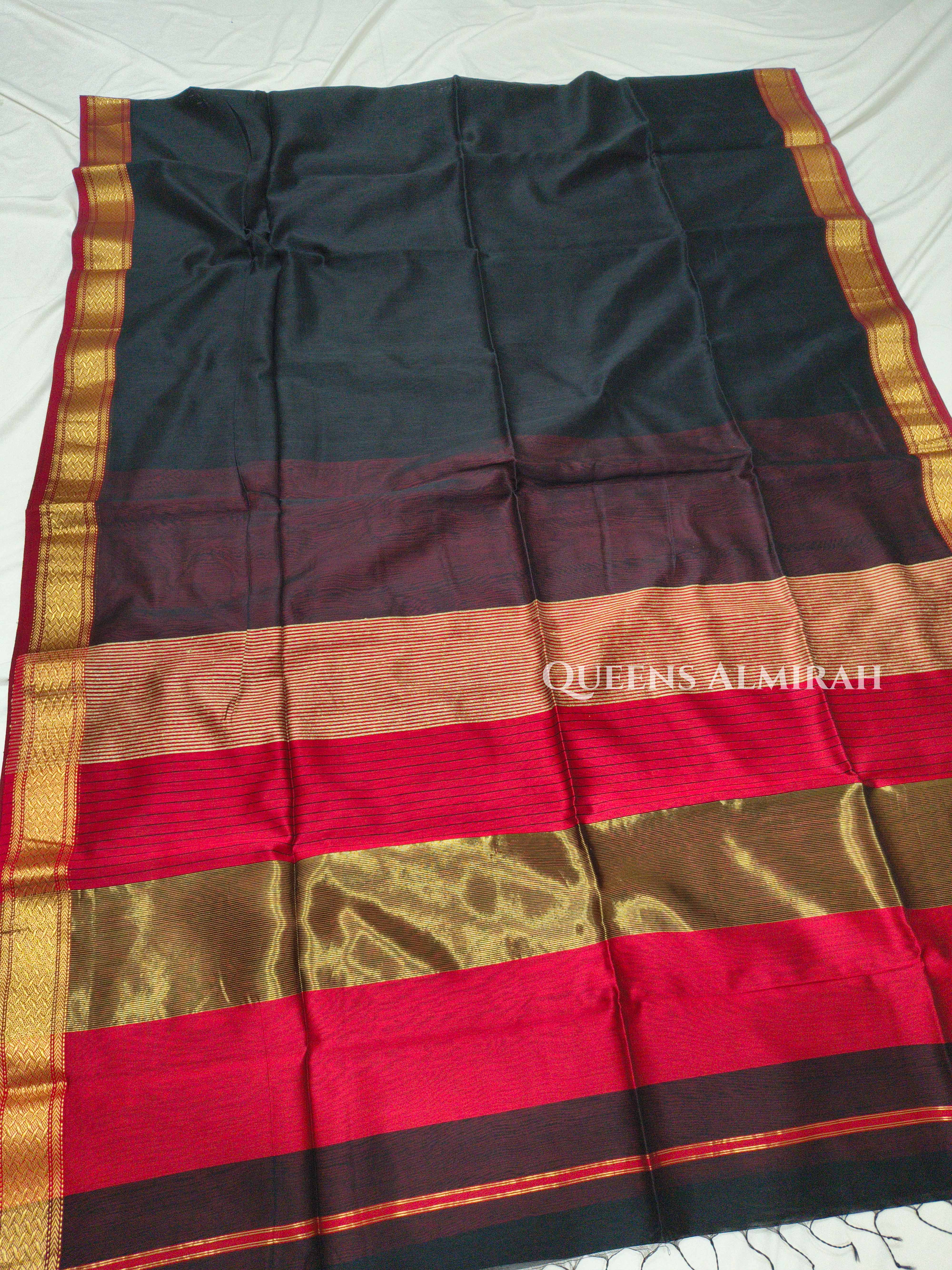 Black With Red Border Maheshwari Silk Cotton Saree QUEENS ALMIRAH