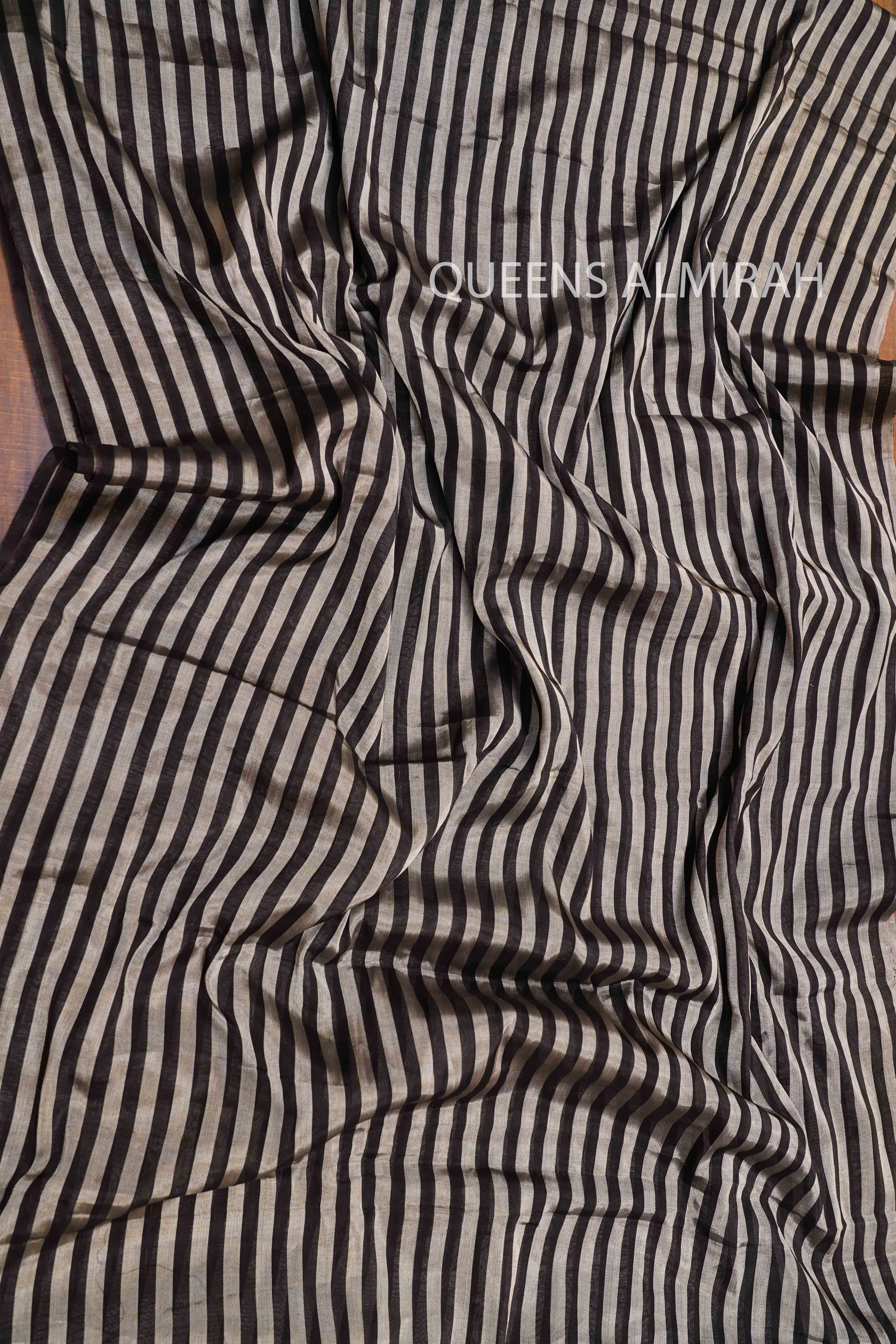 BLACK WITH SILVER ZEBRA STRIPES KATAN CHANDERI SILK SAREE - Queens Jewel Emporium