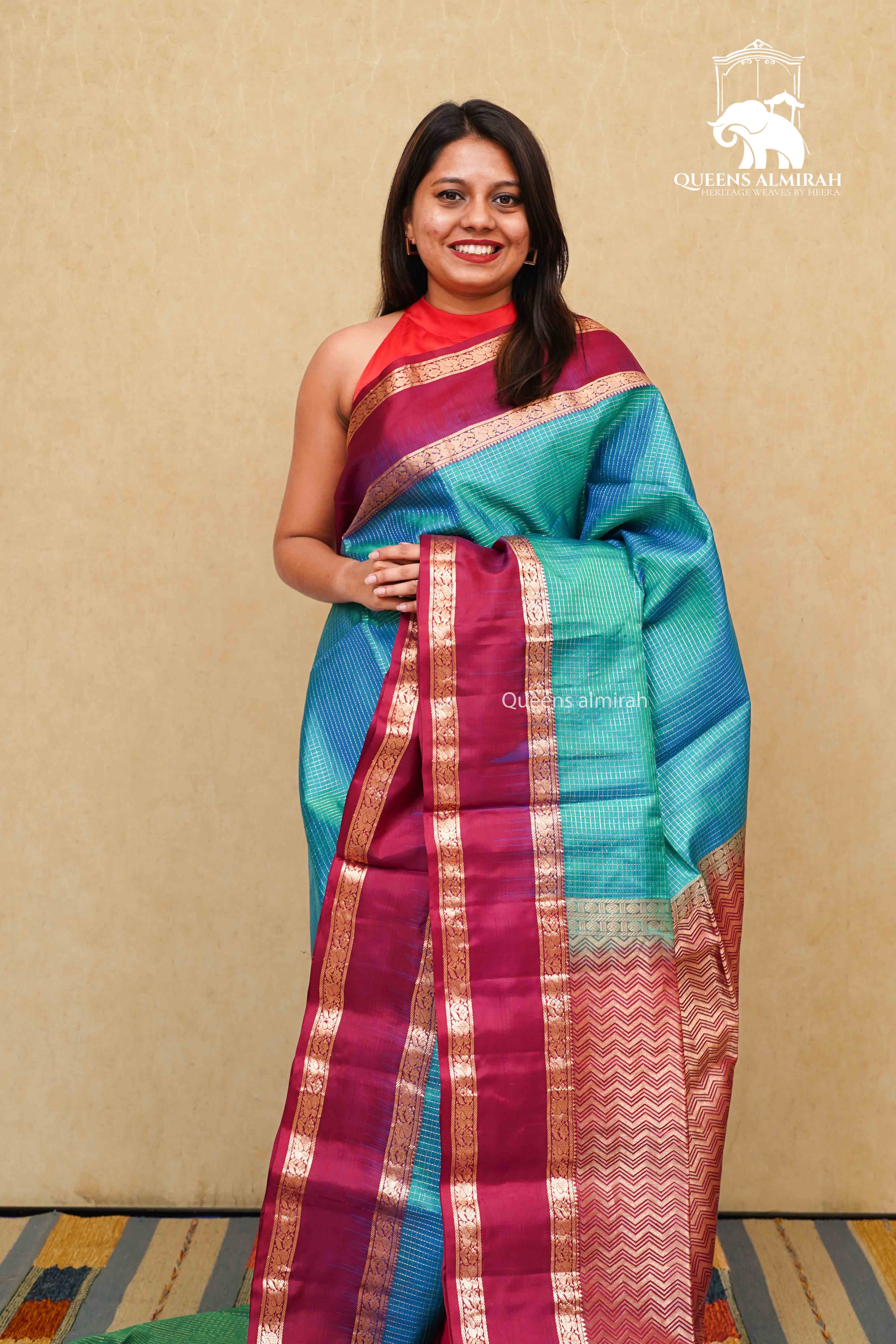BLUE GREEN WITH CHERRY PURPLE SOFT SILK SAREE - Queens Jewel Emporium
