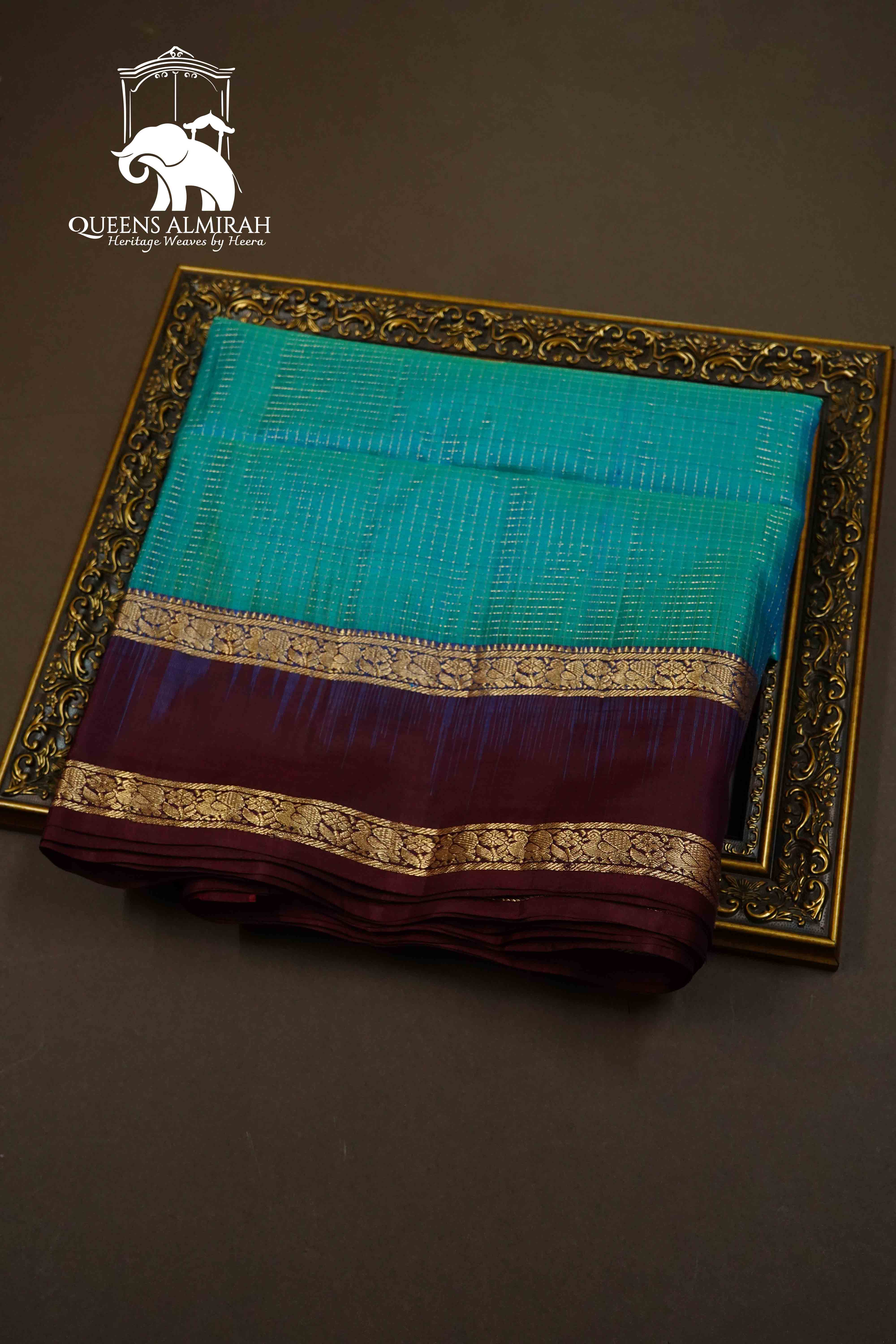 BLUE GREEN WITH CHERRY PURPLE SOFT SILK SAREE - Queens Jewel Emporium