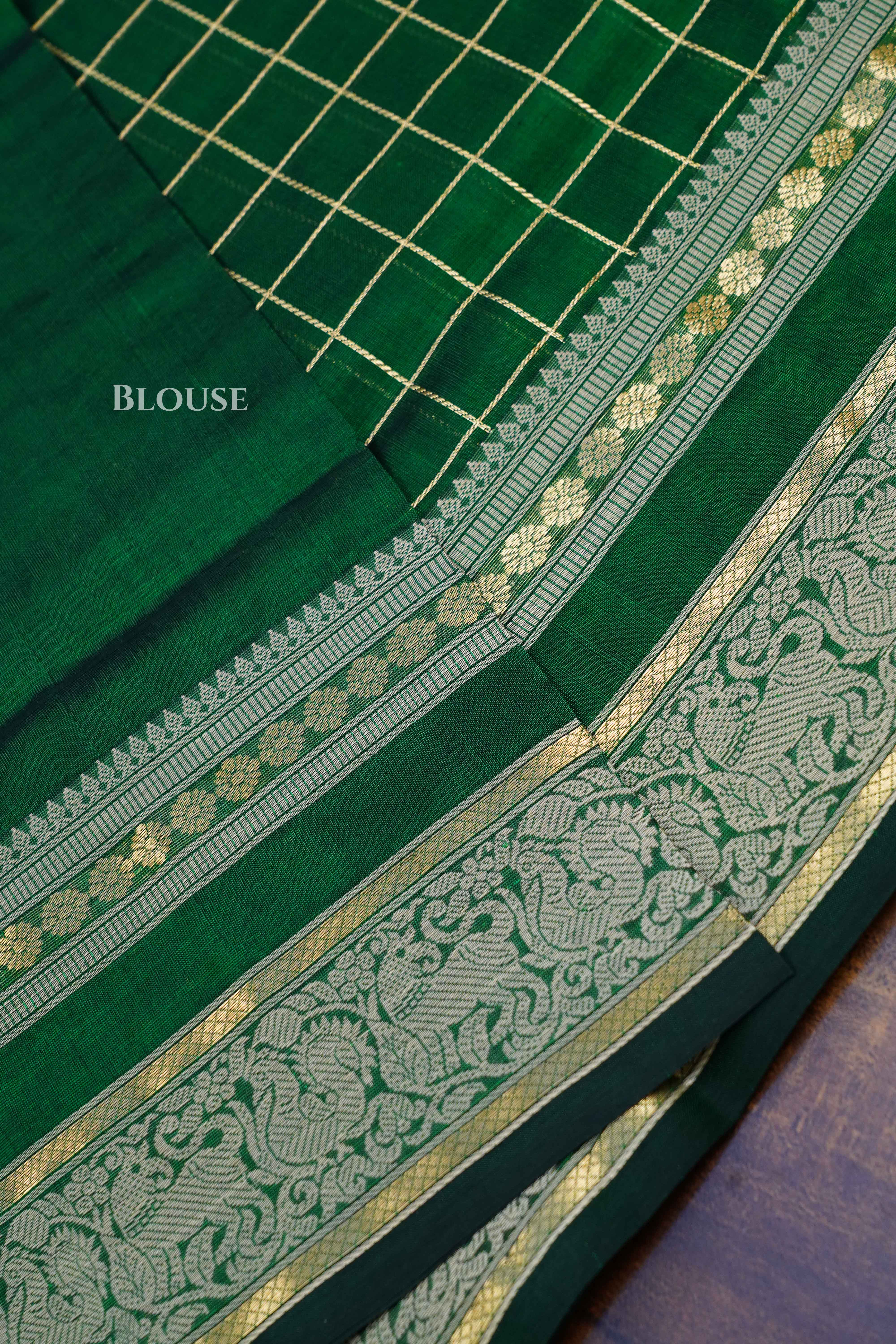 Bottle Green- Karaikudi Chettinad Silk Cotton Saree. QUEENS ALMIRAH