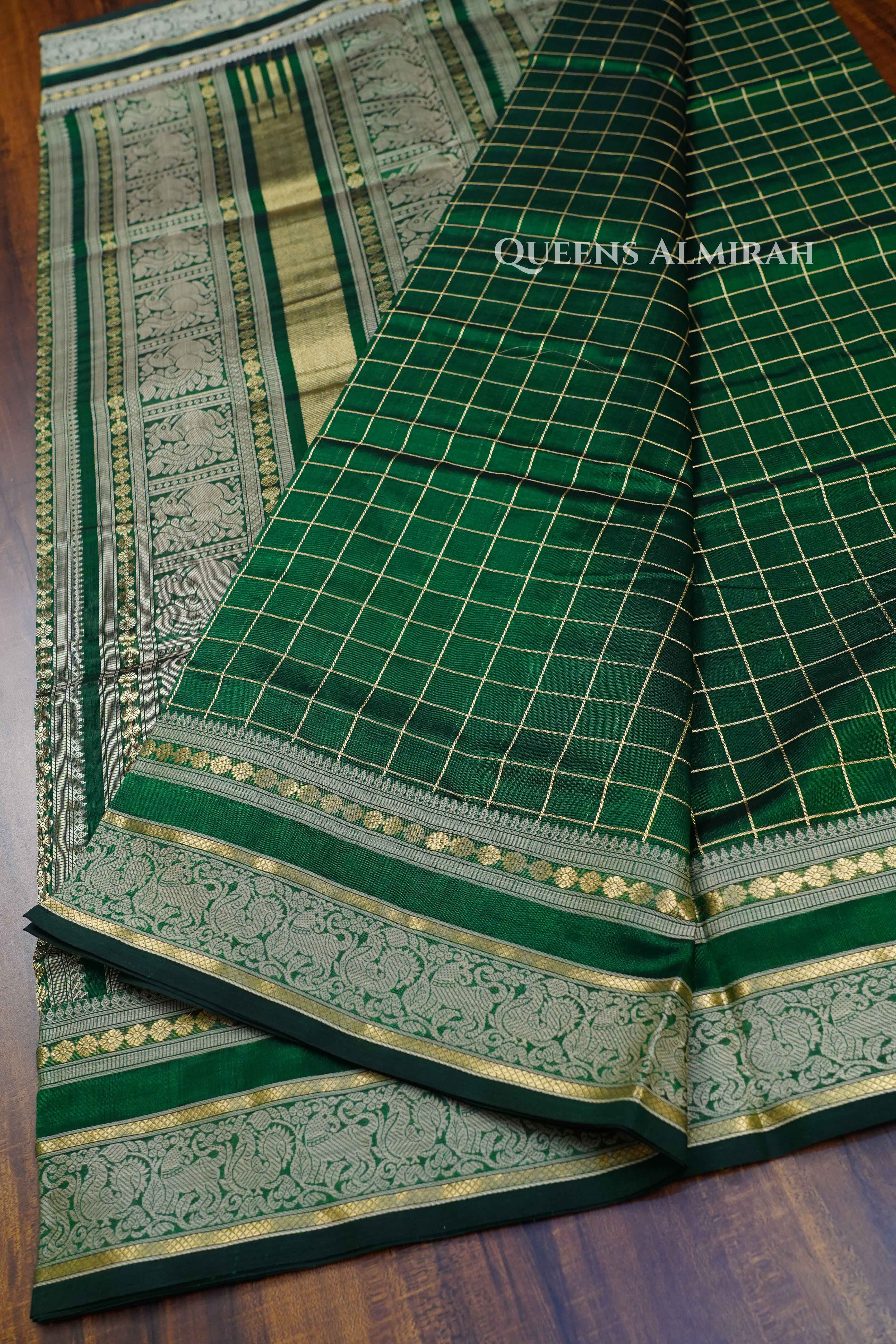 Bottle Green- Karaikudi Chettinad Silk Cotton Saree. QUEENS ALMIRAH