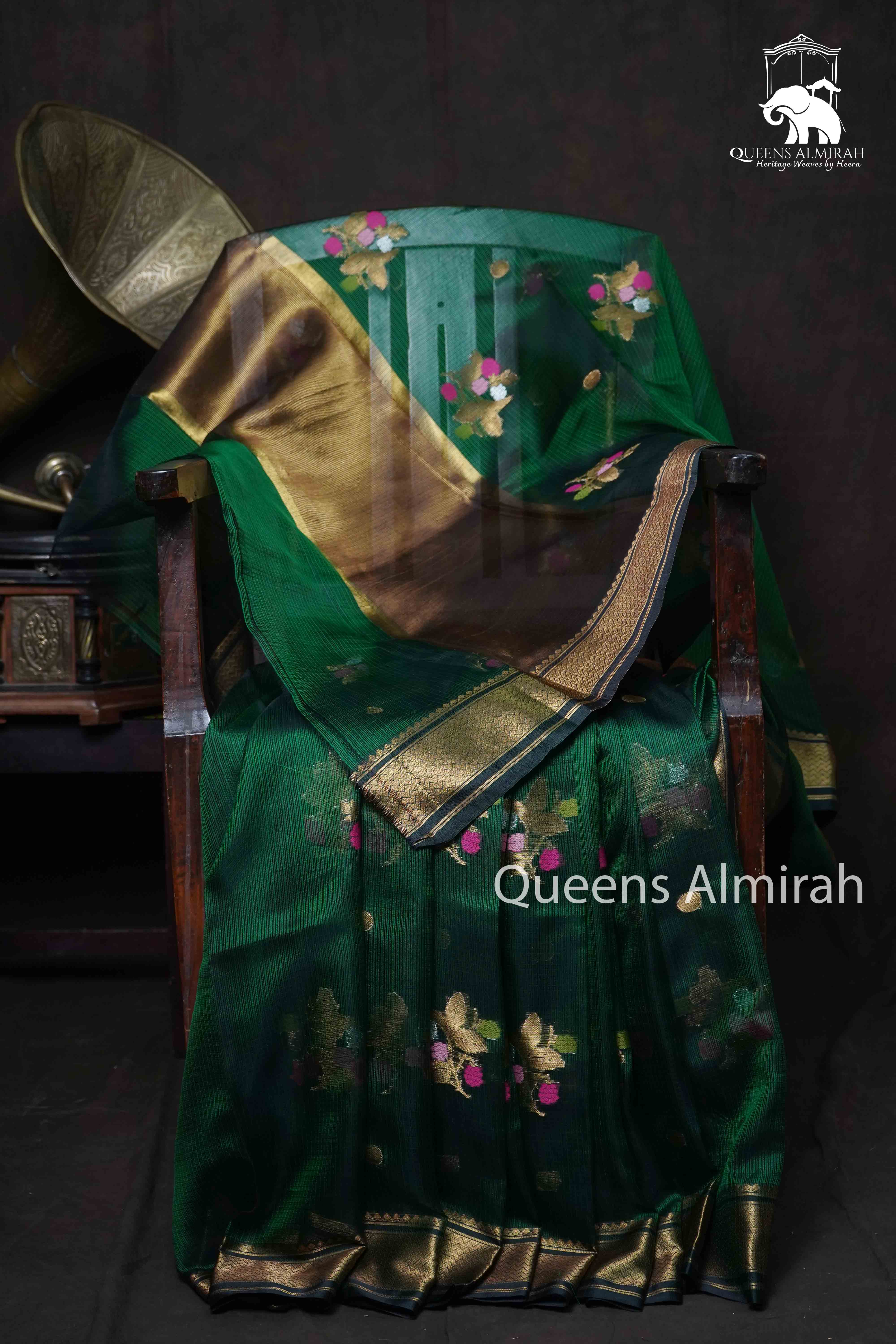 Bottle Green Pure Kota Silk Saree - Queens Jewel Emporium