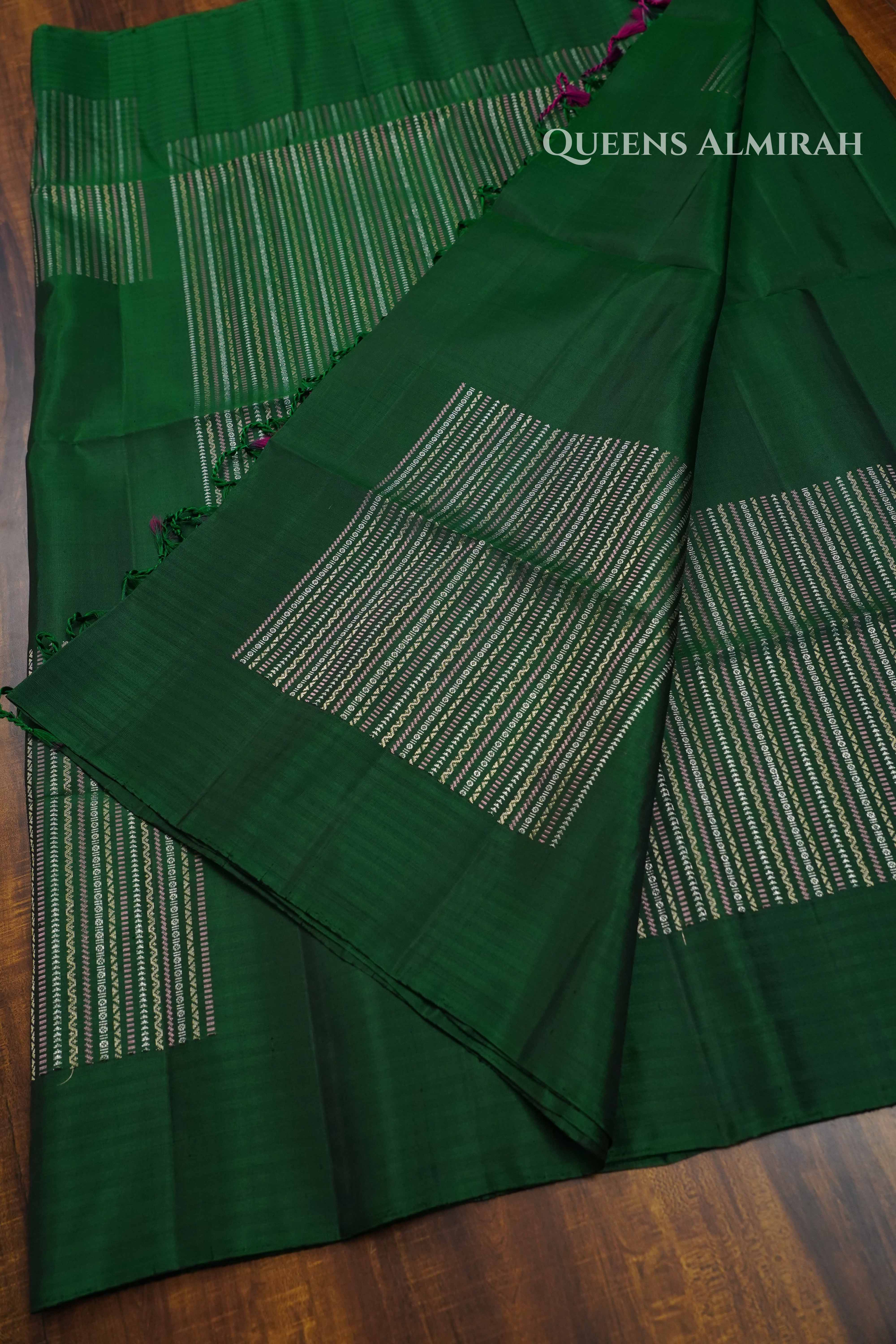 Bottle Green Pure Soft Silk Saree QUEENS ALMIRAH