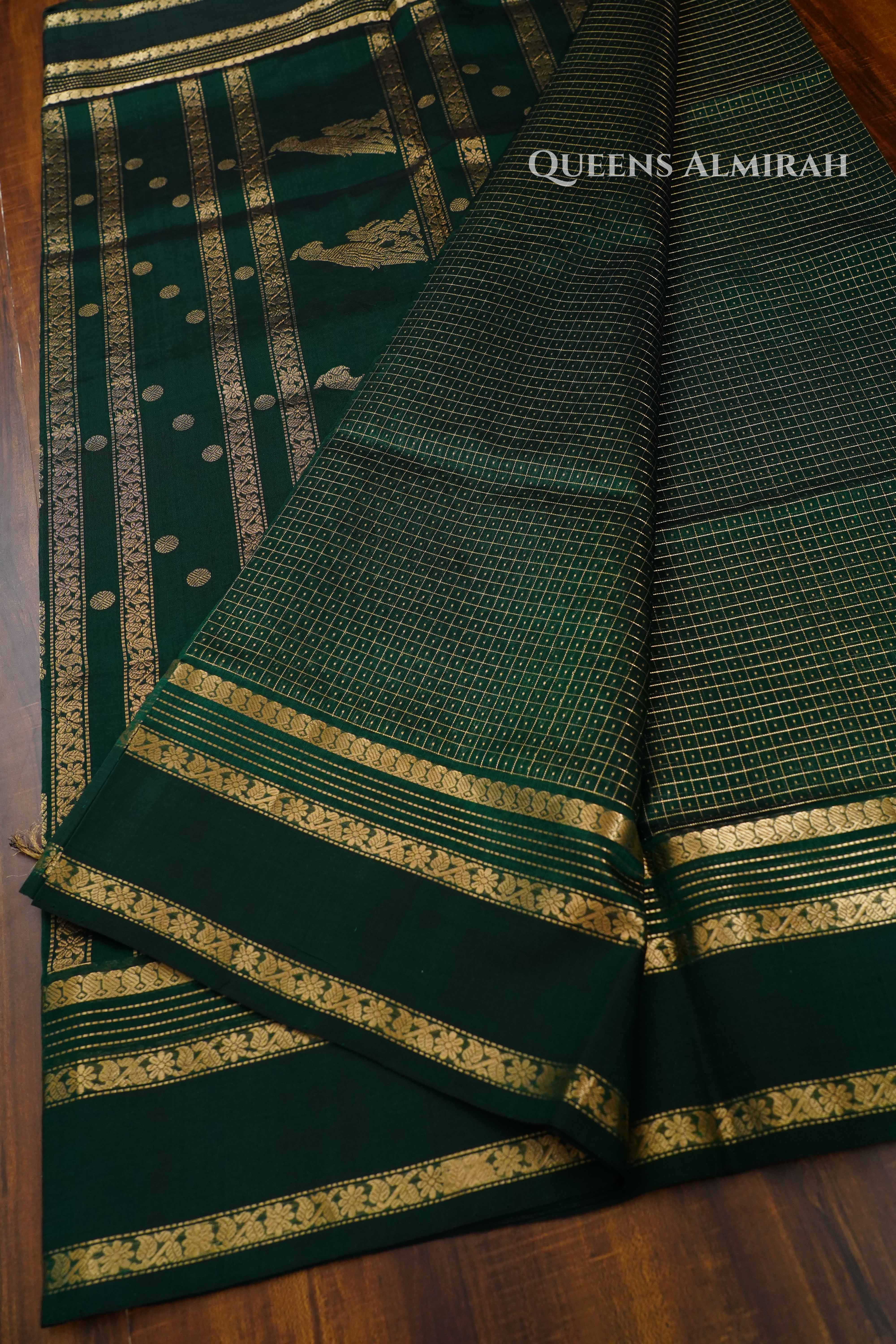 Bottle Green- Royal Karaikudi Chettinad Silk Cotton Saree QUEENS ALMIRAH