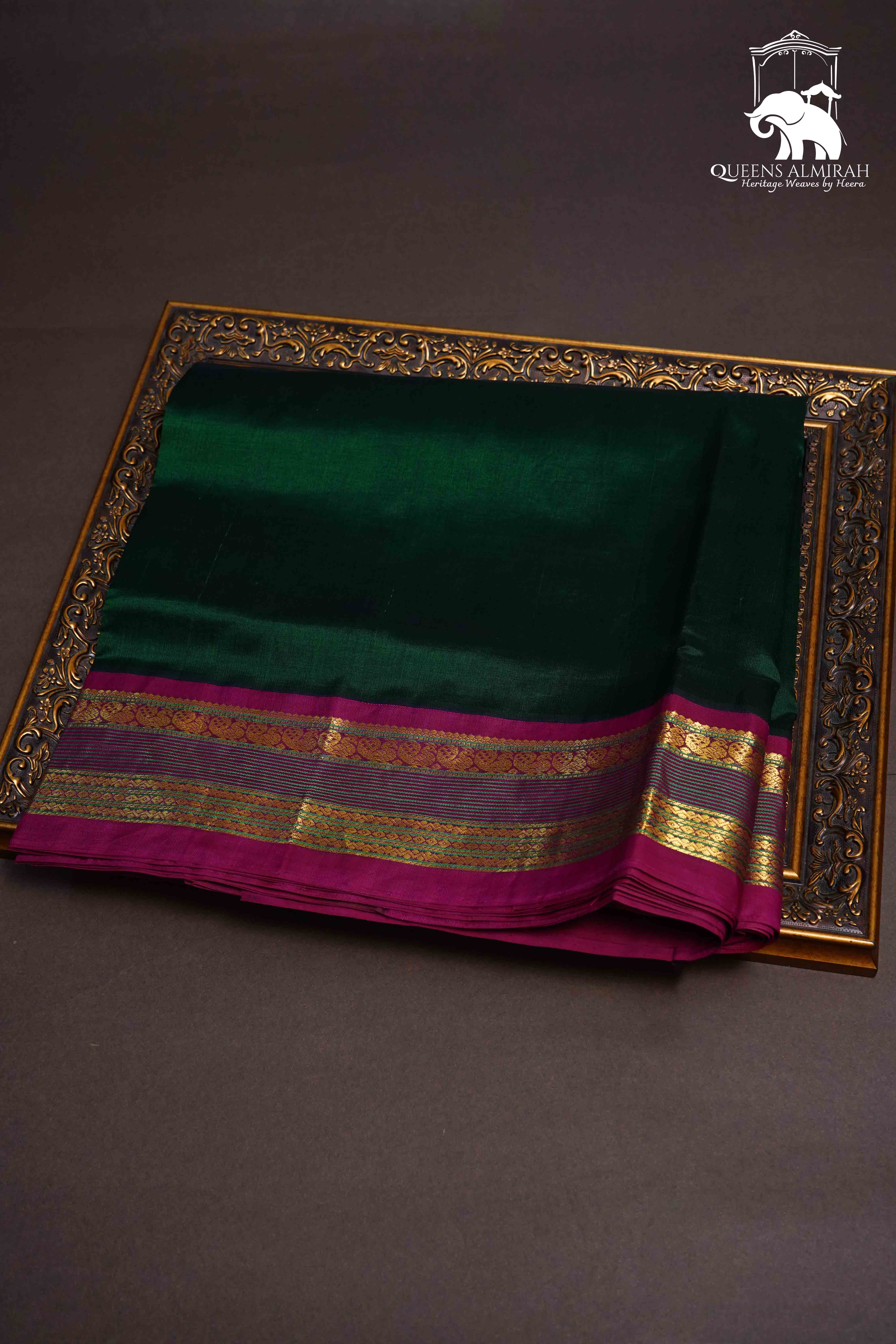 Bottle Green With Wine Berry Pure Silk Cotton Saree - Queens Jewel Emporium