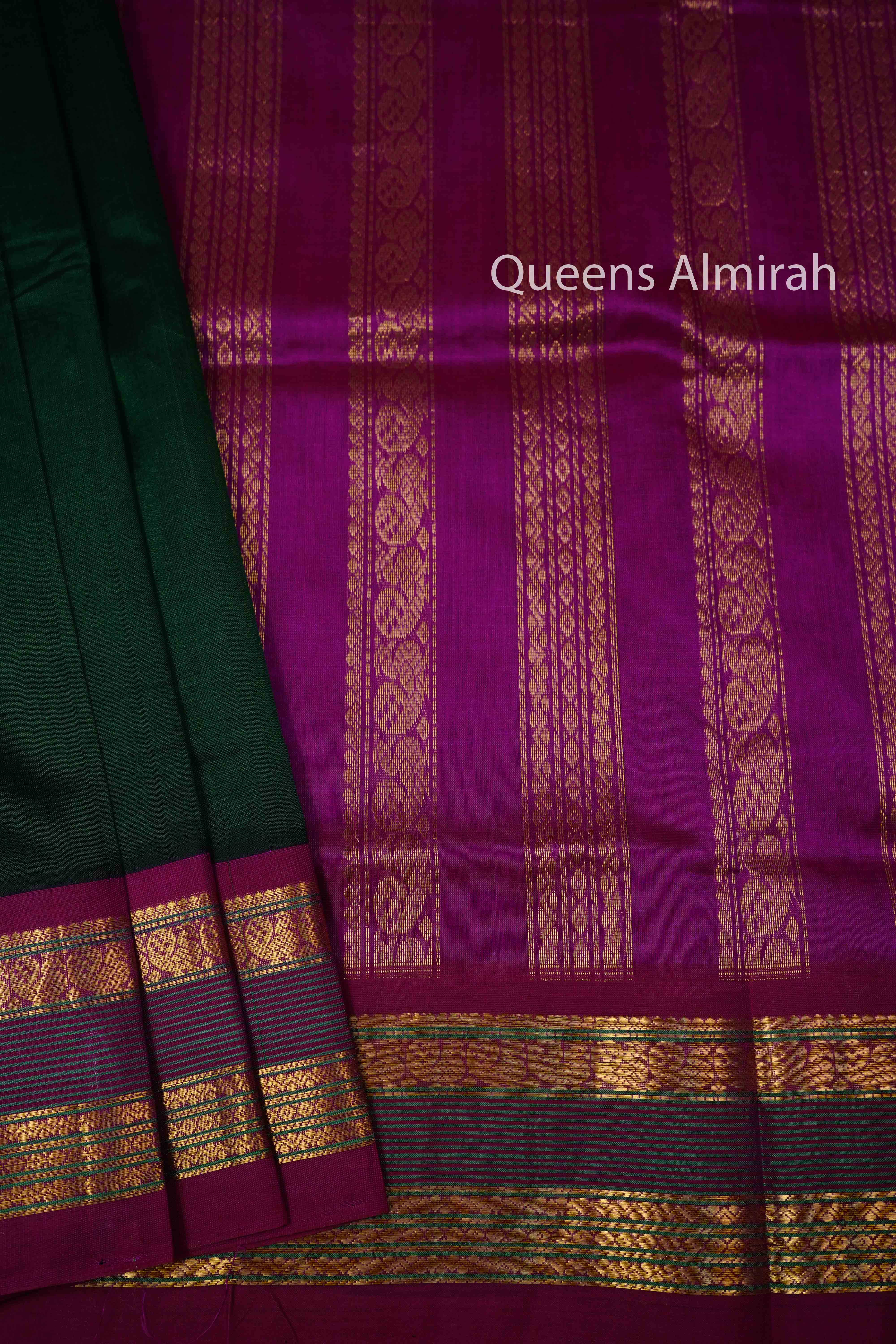 Bottle Green With Wine Berry Pure Silk Cotton Saree - Queens Jewel Emporium