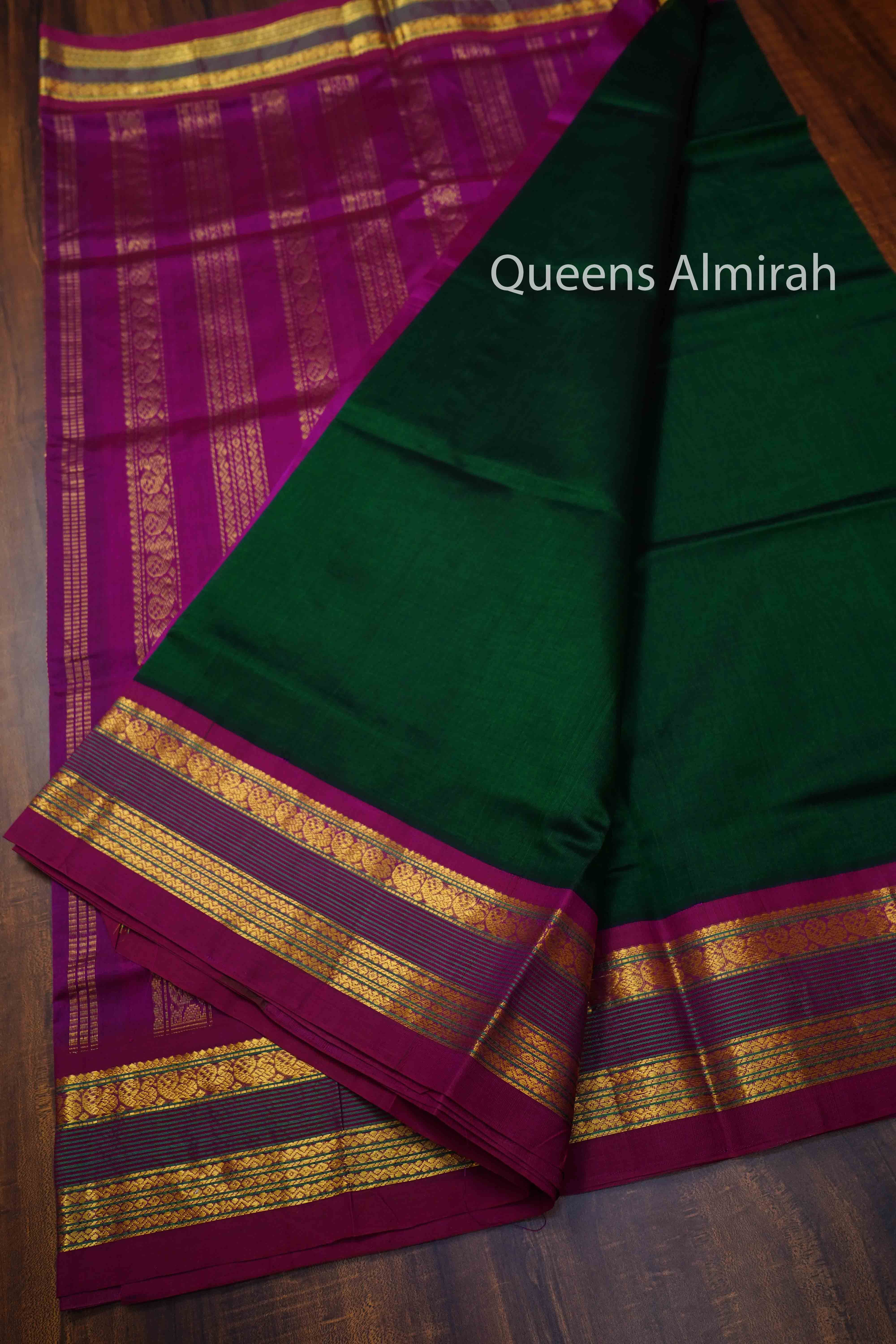 Bottle Green With Wine Berry Pure Silk Cotton Saree - Queens Jewel Emporium