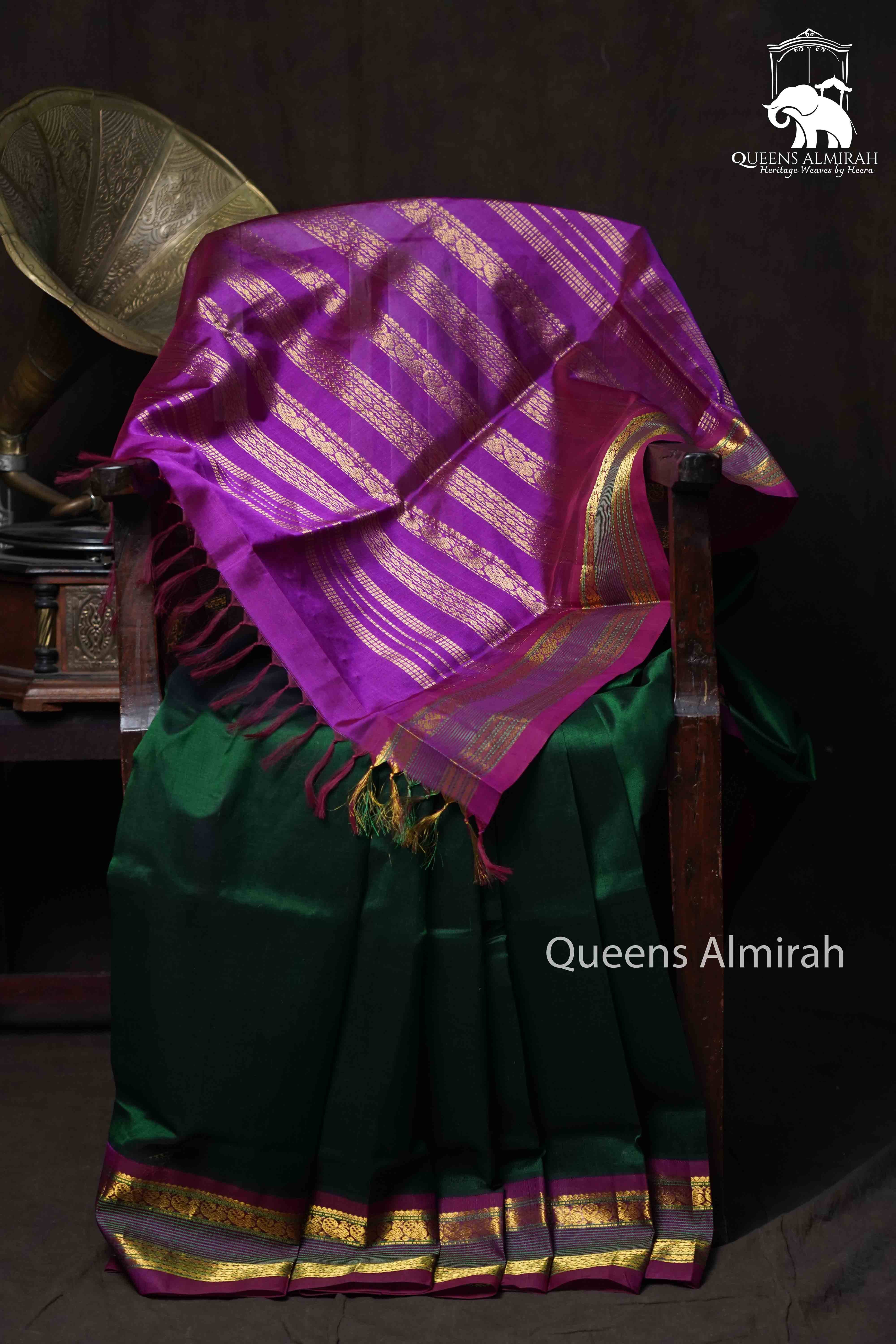 Bottle Green With Wine Berry Pure Silk Cotton Saree - Queens Jewel Emporium