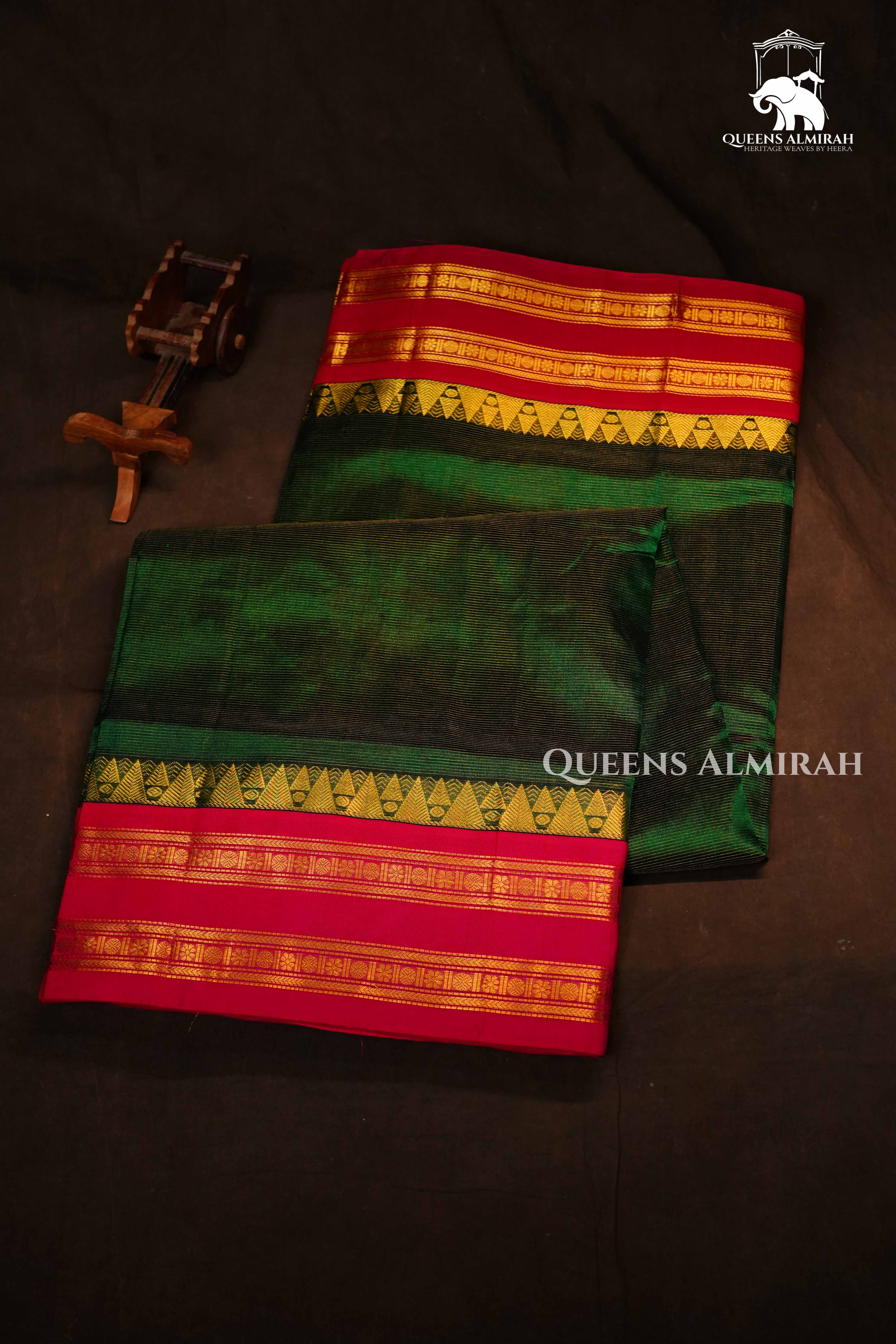 Bottle Green and Rani Pink -Karaikudi Chettinad Vaira Oosi Saree QUEENS ALMIRAH