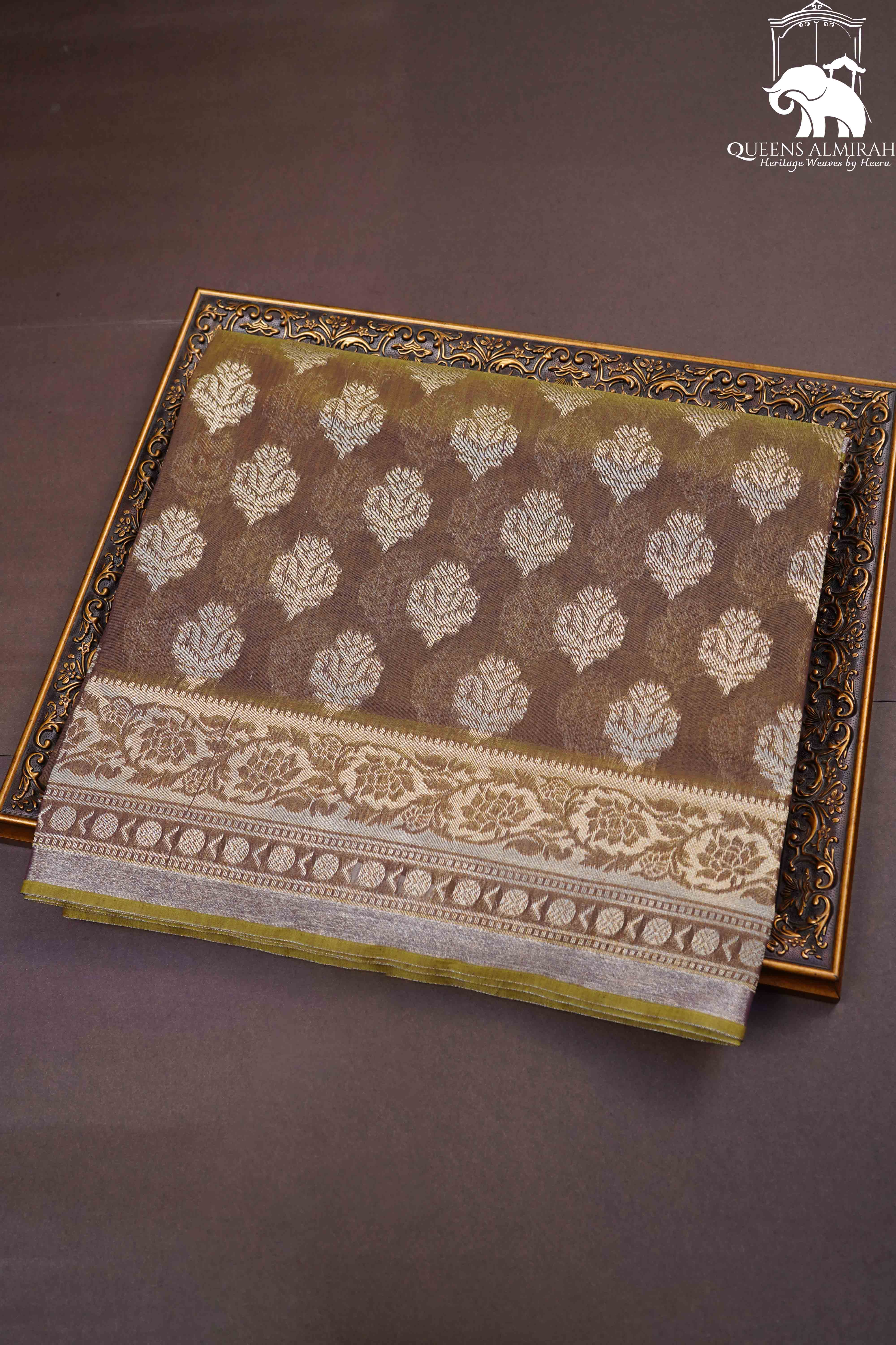 BROWNISH PURE BANARASI SILK COTTON SAREE - Queens Jewel Emporium