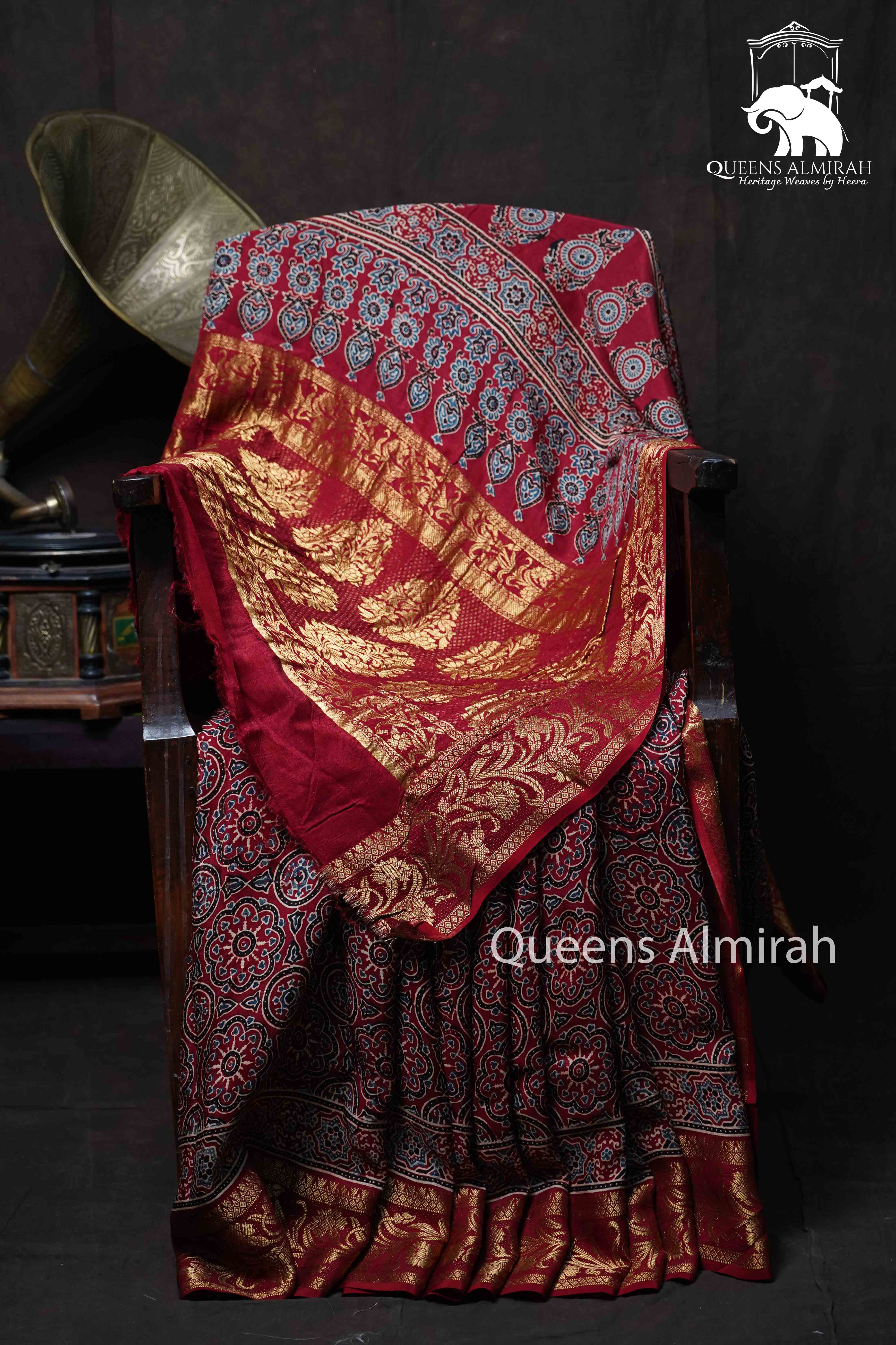 Burgundy Dola Ajarakh Silk Saree QUEENS ALMIRAH