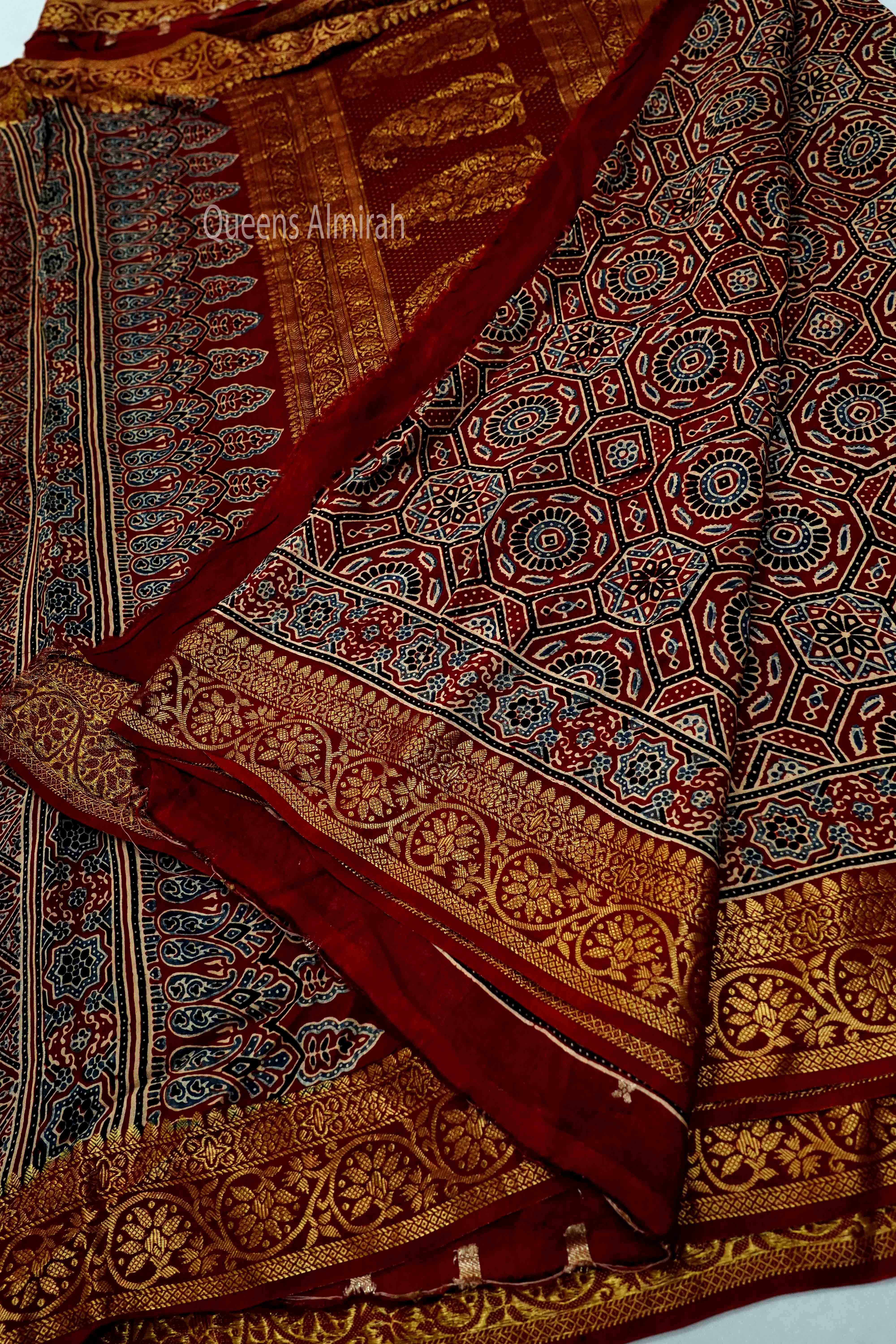 BURGUNDY  DOLA AJARAKH SILK SAREE - Queens Jewel Emporium