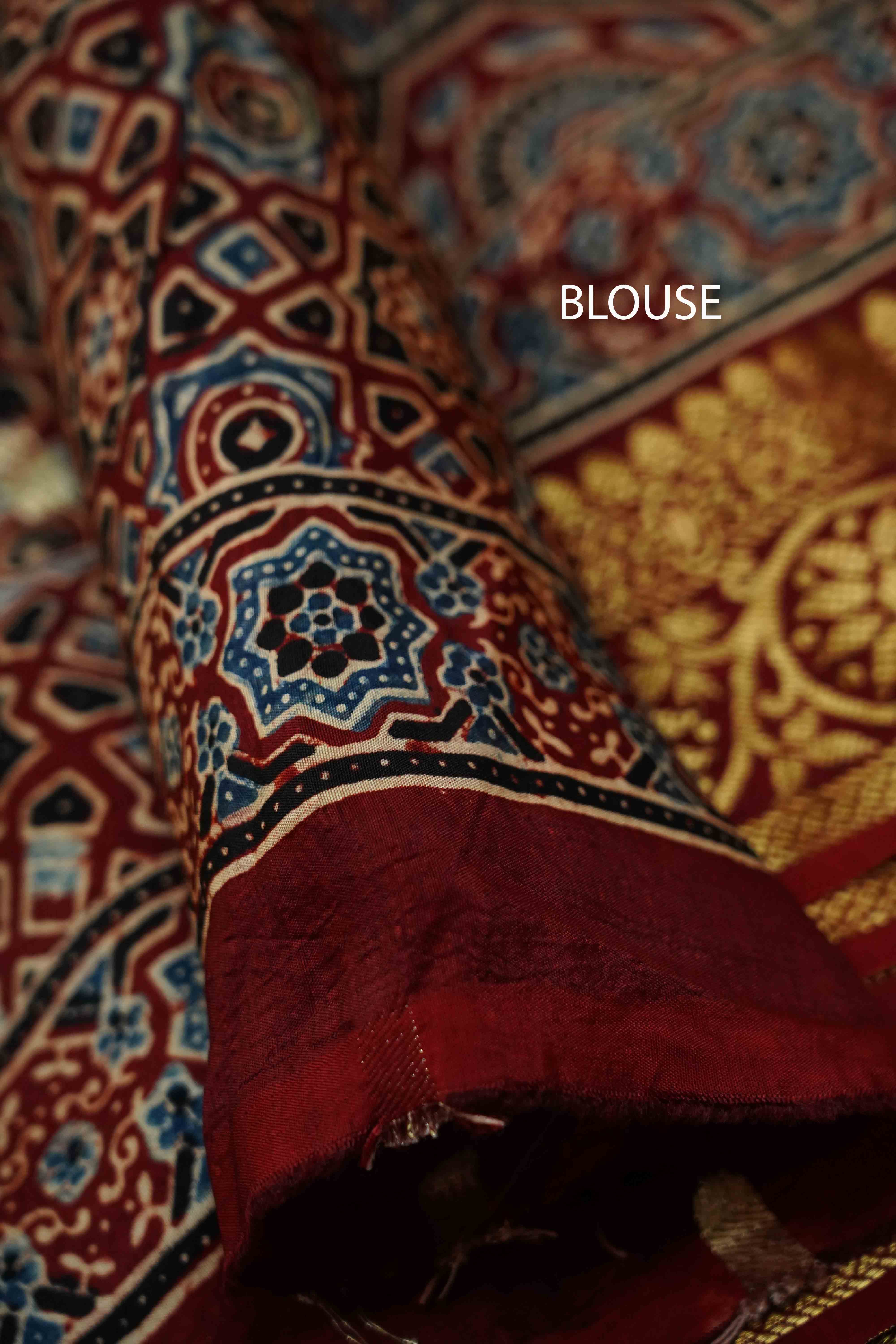 BURGUNDY  DOLA AJARAKH SILK SAREE - Queens Jewel Emporium
